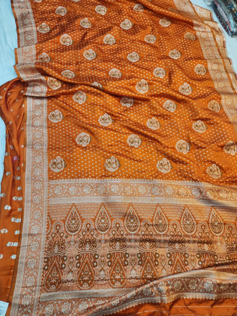 Handwoven Orange Banarasi Mashru Katan Silk Saree