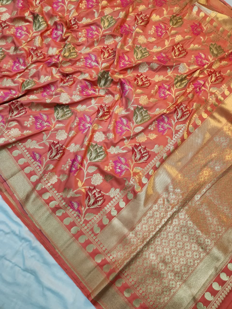 Handwoven Peach Meenakari Banarasi Silk Saree