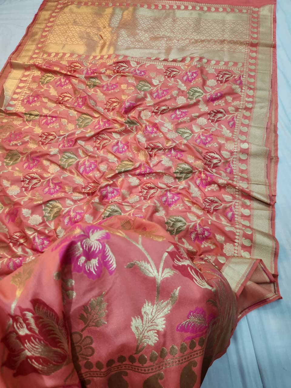 Handwoven Peach Meenakari Banarasi Silk Saree