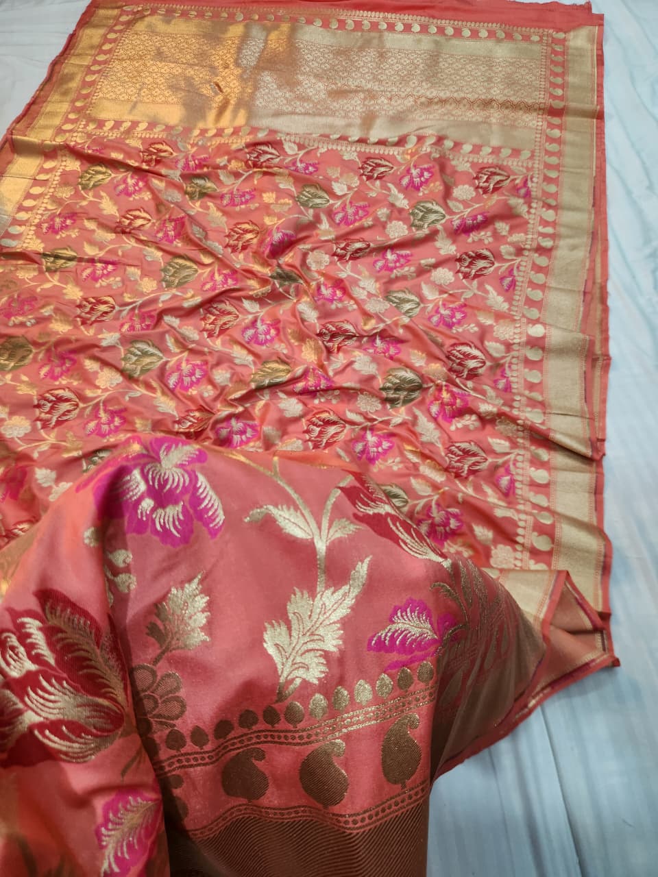 Handwoven Peach Meenakari Banarasi Silk Saree