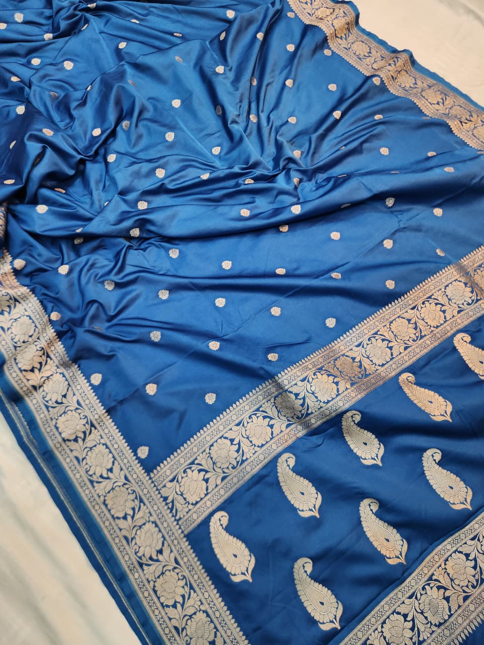 Handwoven Ocean Blue Banarasi Mashru Katan Silk Saree