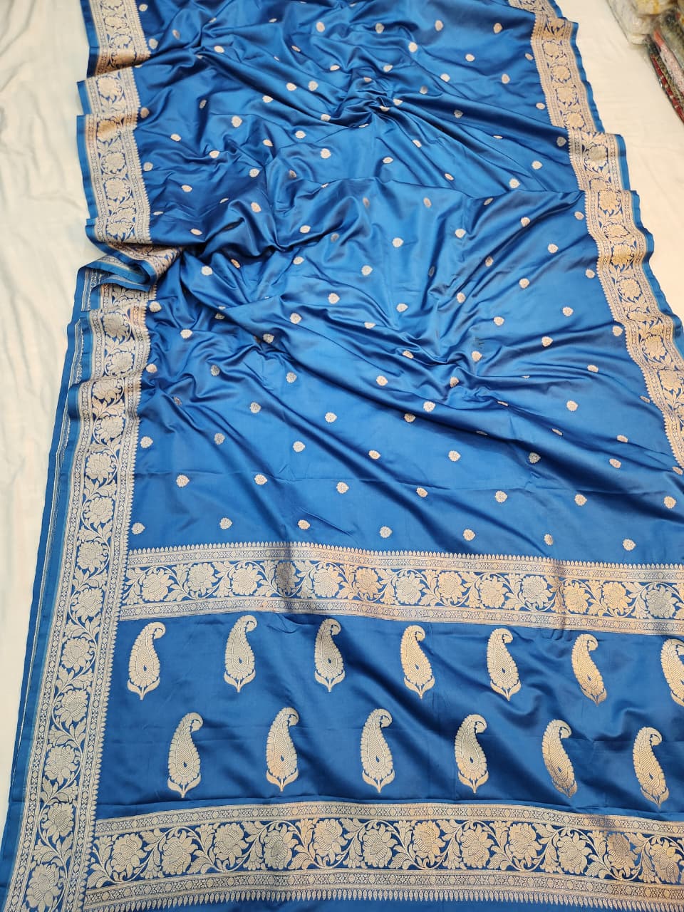 Handwoven Ocean Blue Banarasi Mashru Katan Silk Saree