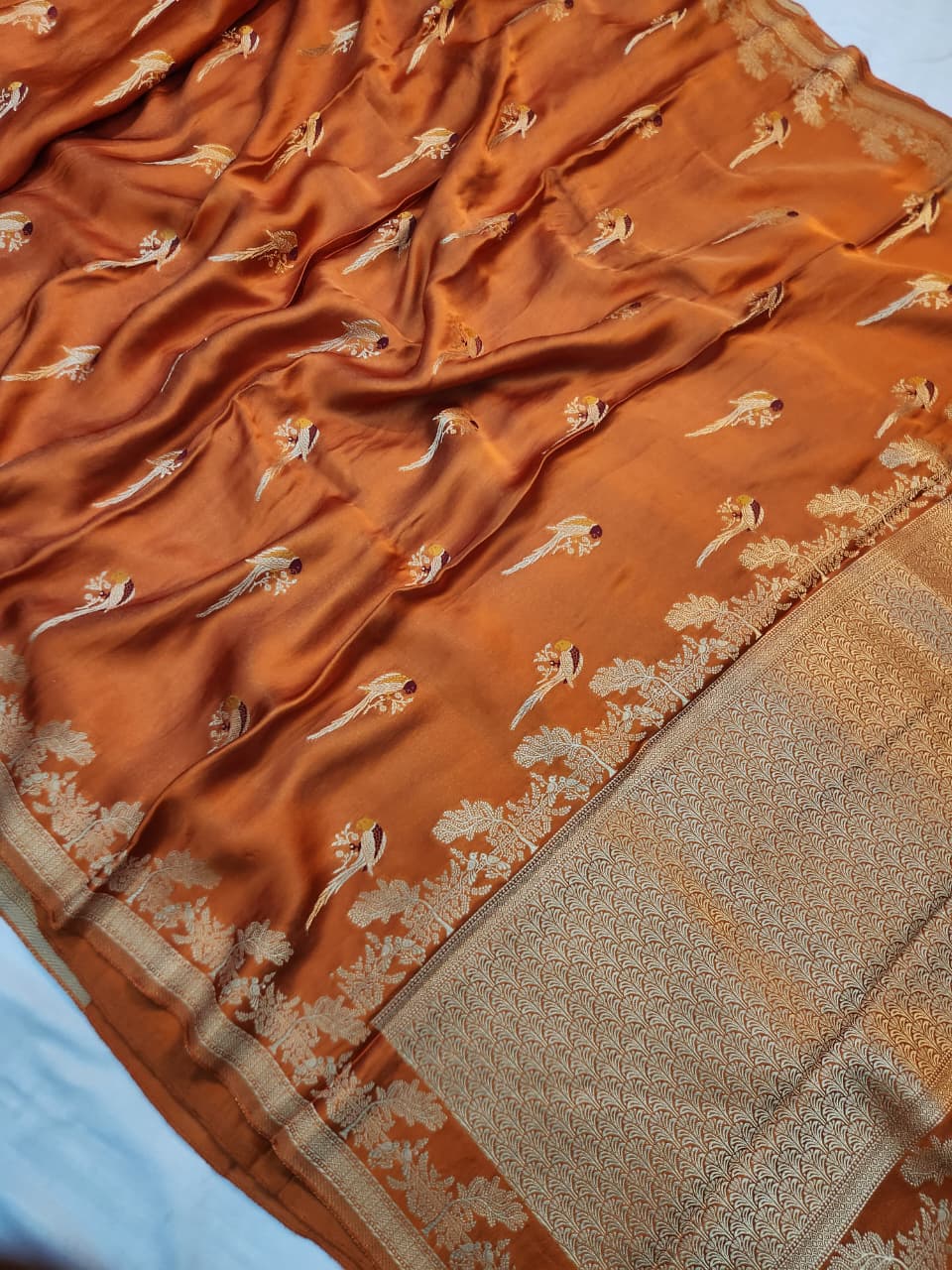 Handwoven Orange Meenakari Motif Banarasi Mashru Silk Saree
