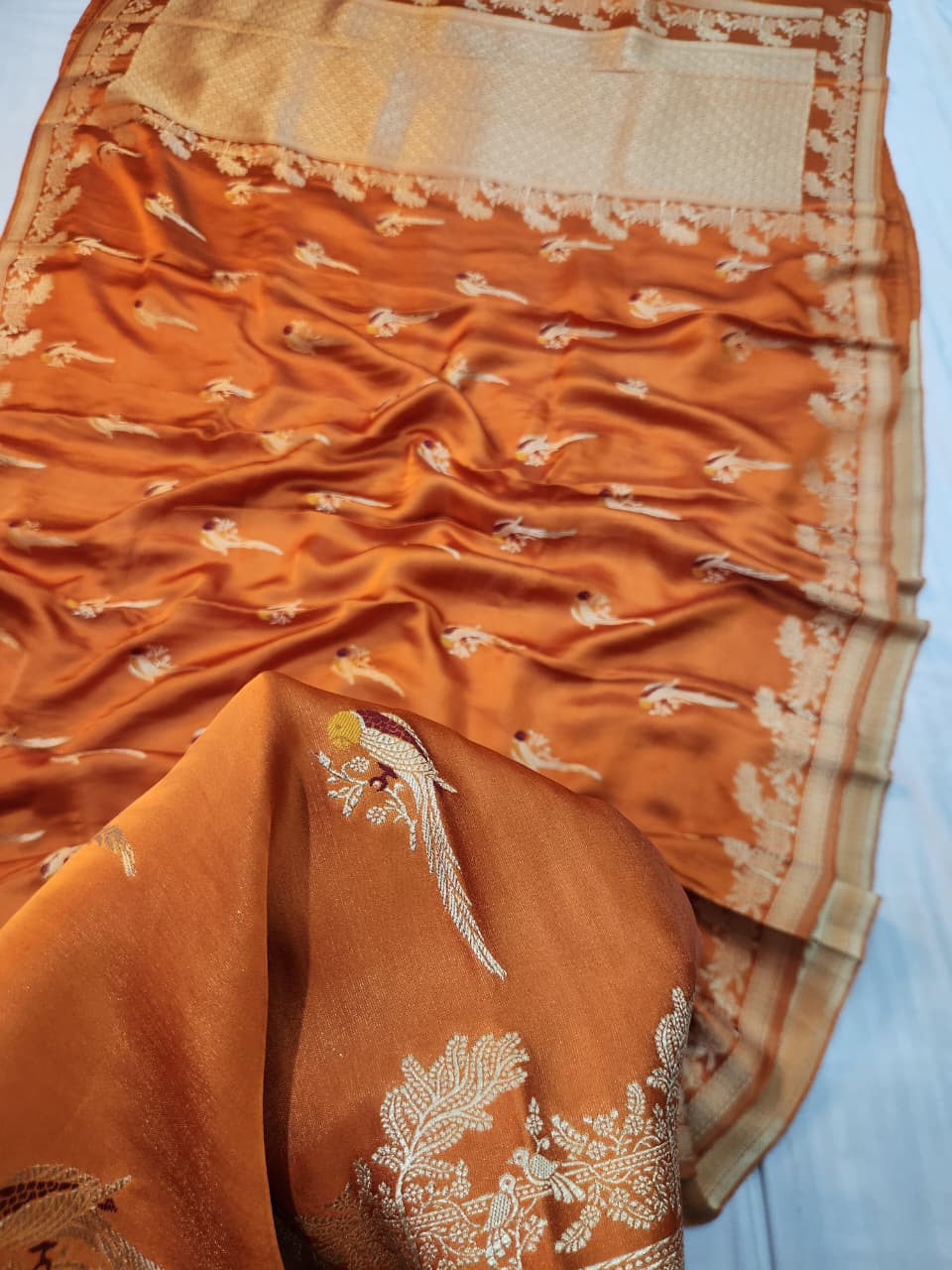 Handwoven Orange Meenakari Motif Banarasi Mashru Silk Saree