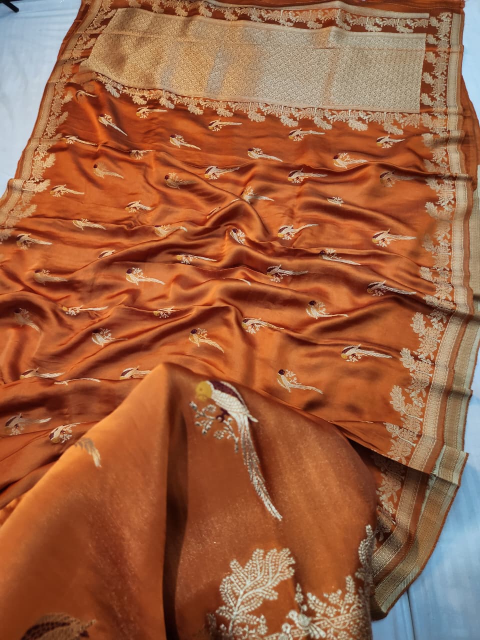 Handwoven Orange Meenakari Motif Banarasi Mashru Silk Saree