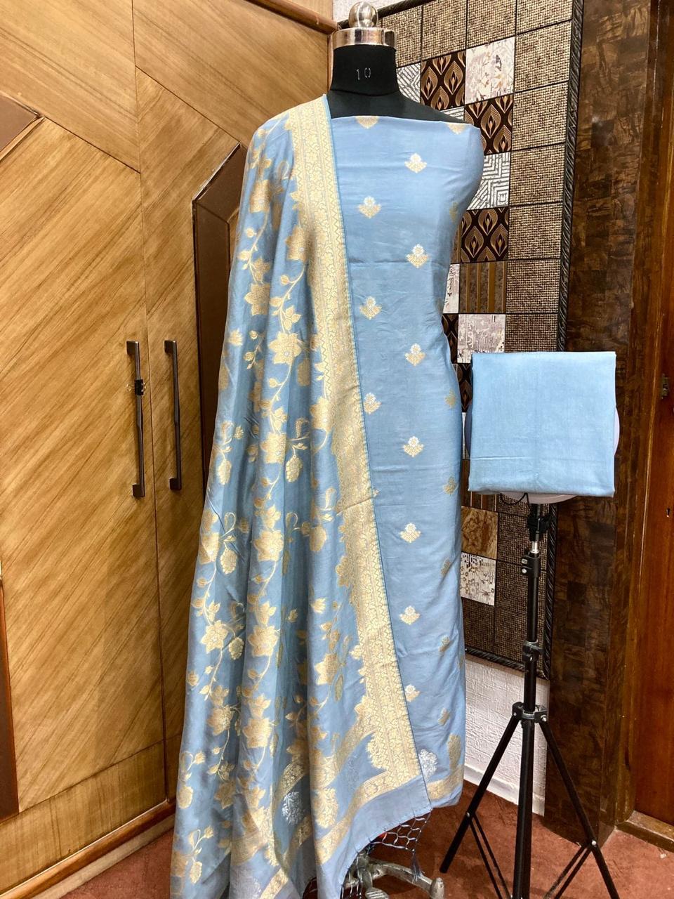 Handwoven Light Blue Banarasi Soft Silk Suit