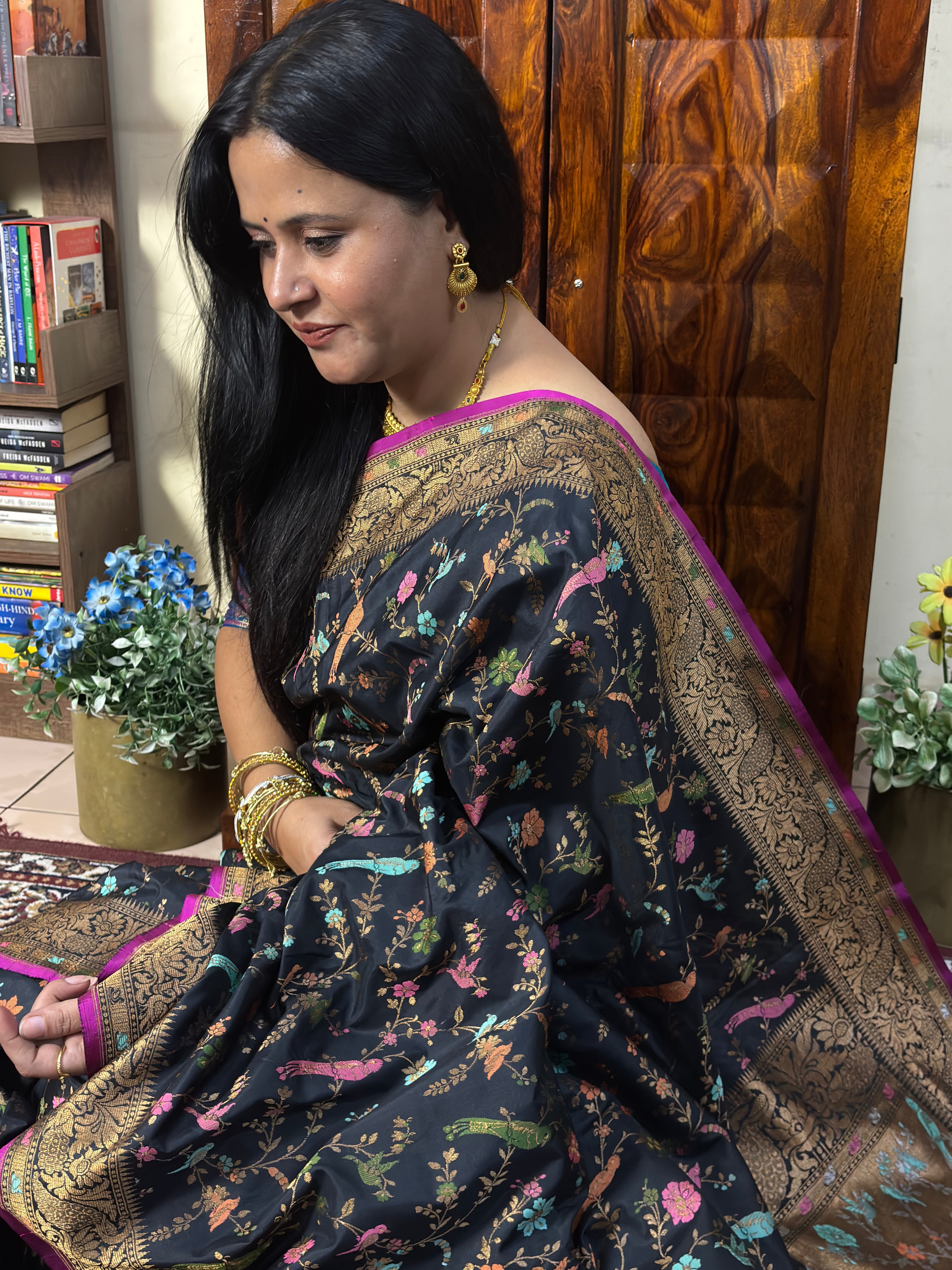 Handwoven Black Meenakari Motif Banarasi Katan Silk Saree
