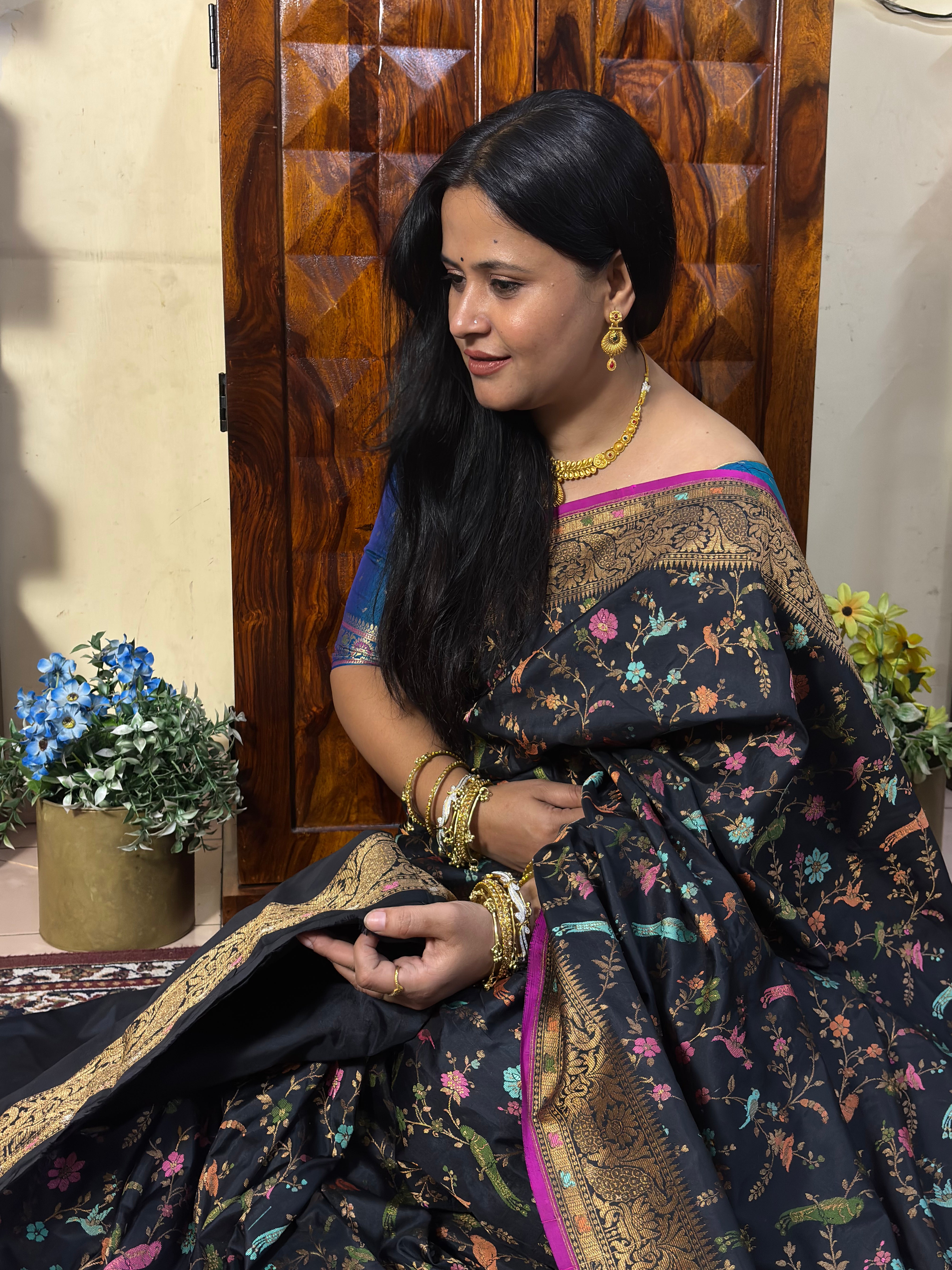 Handwoven Black Meenakari Motif Banarasi Katan Silk Saree