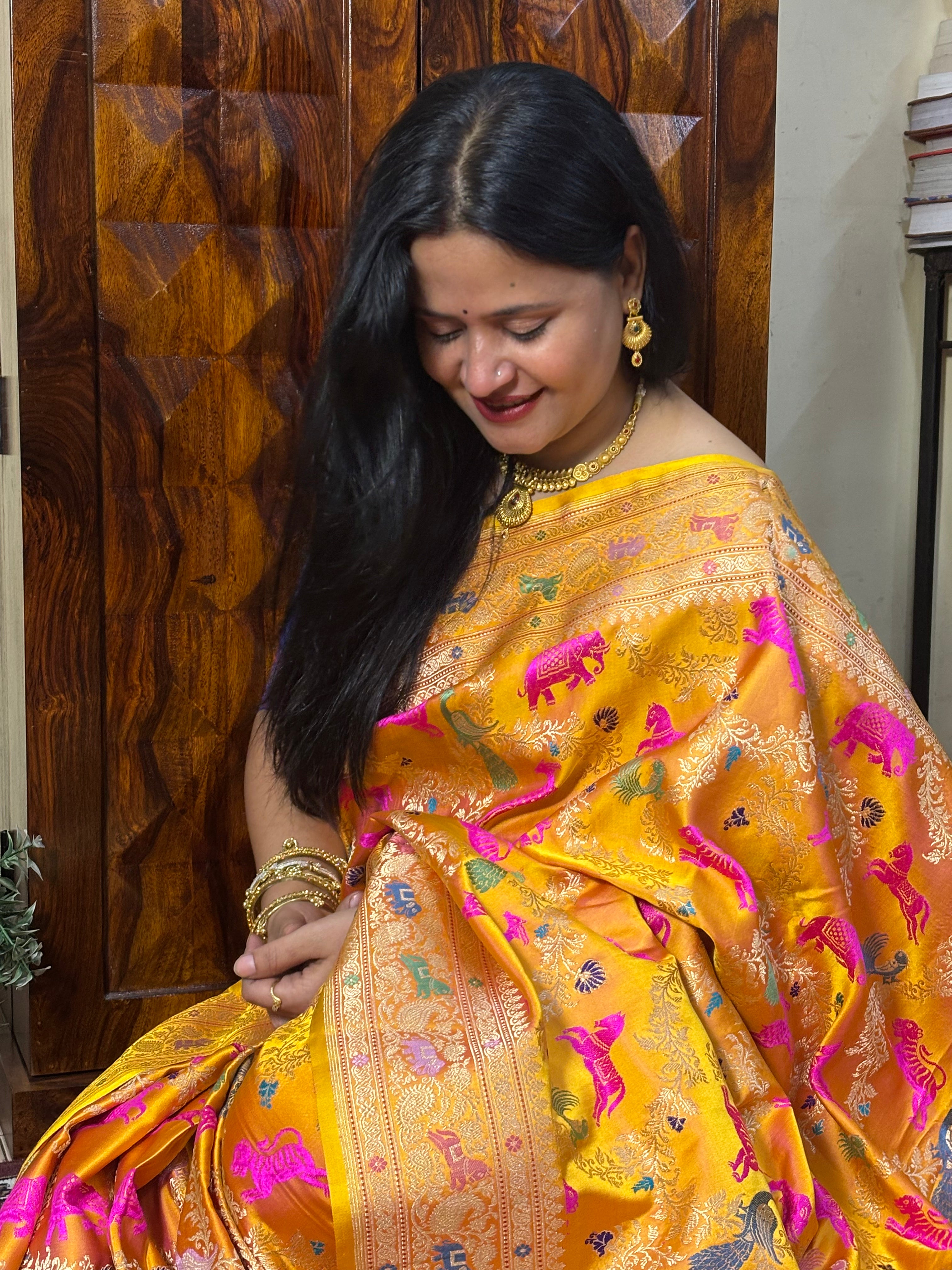 Handwoven Orange Meenakari Banarasi Mashru Katan Silk Saree