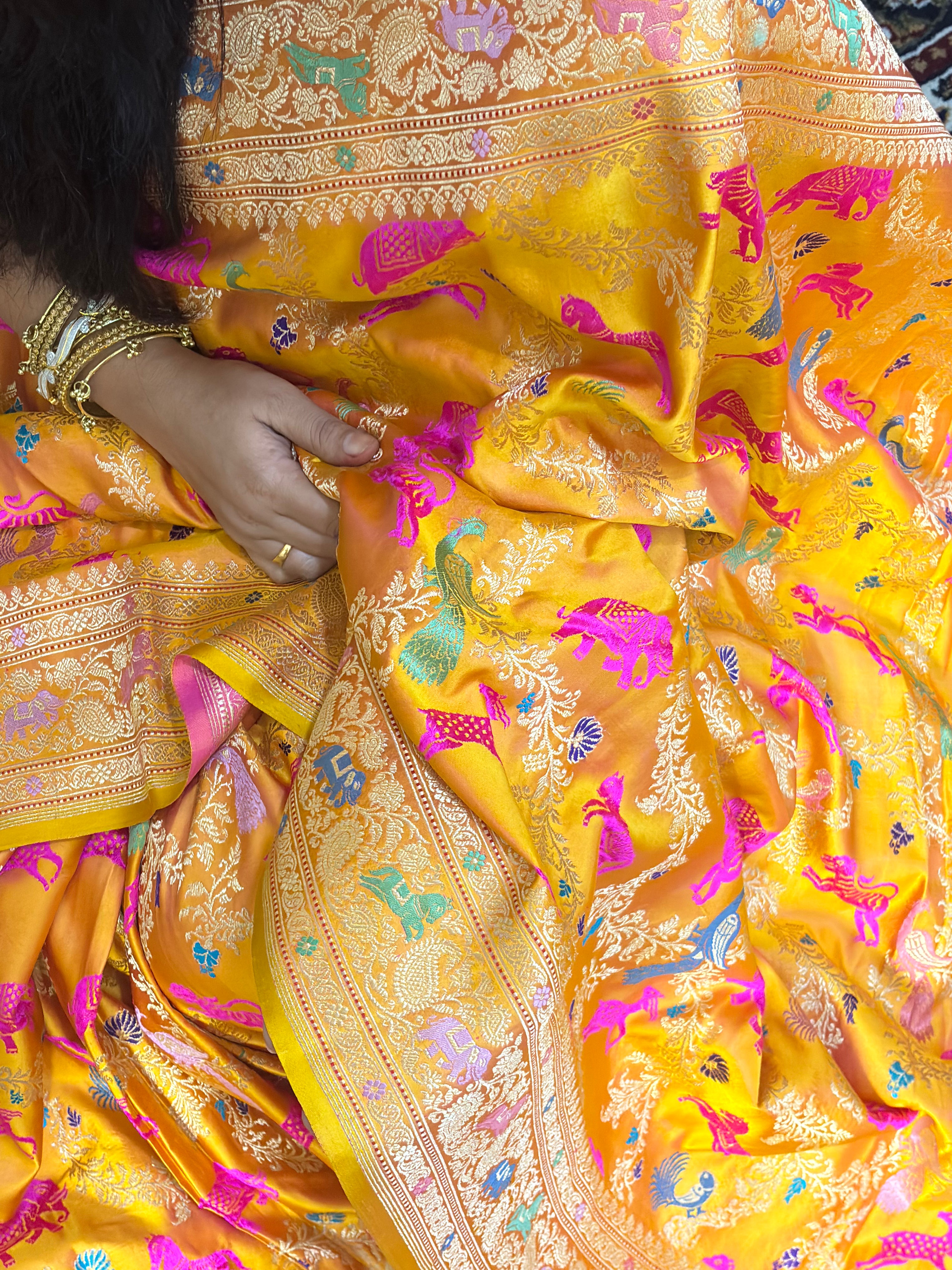Handwoven Orange Meenakari Banarasi Mashru Katan Silk Saree