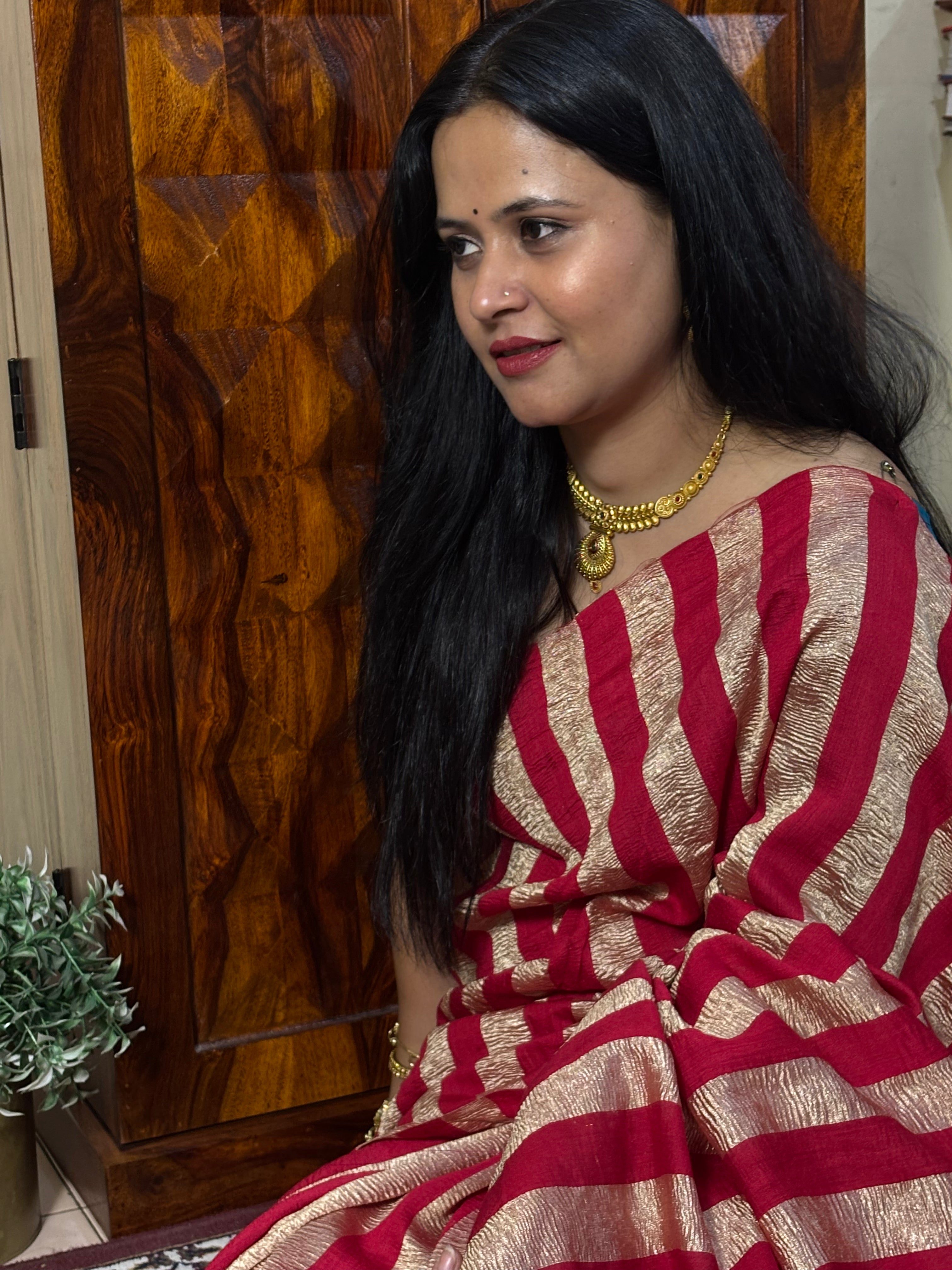 Handwoven Red Banarasi Moonga Tissue Silk Saree