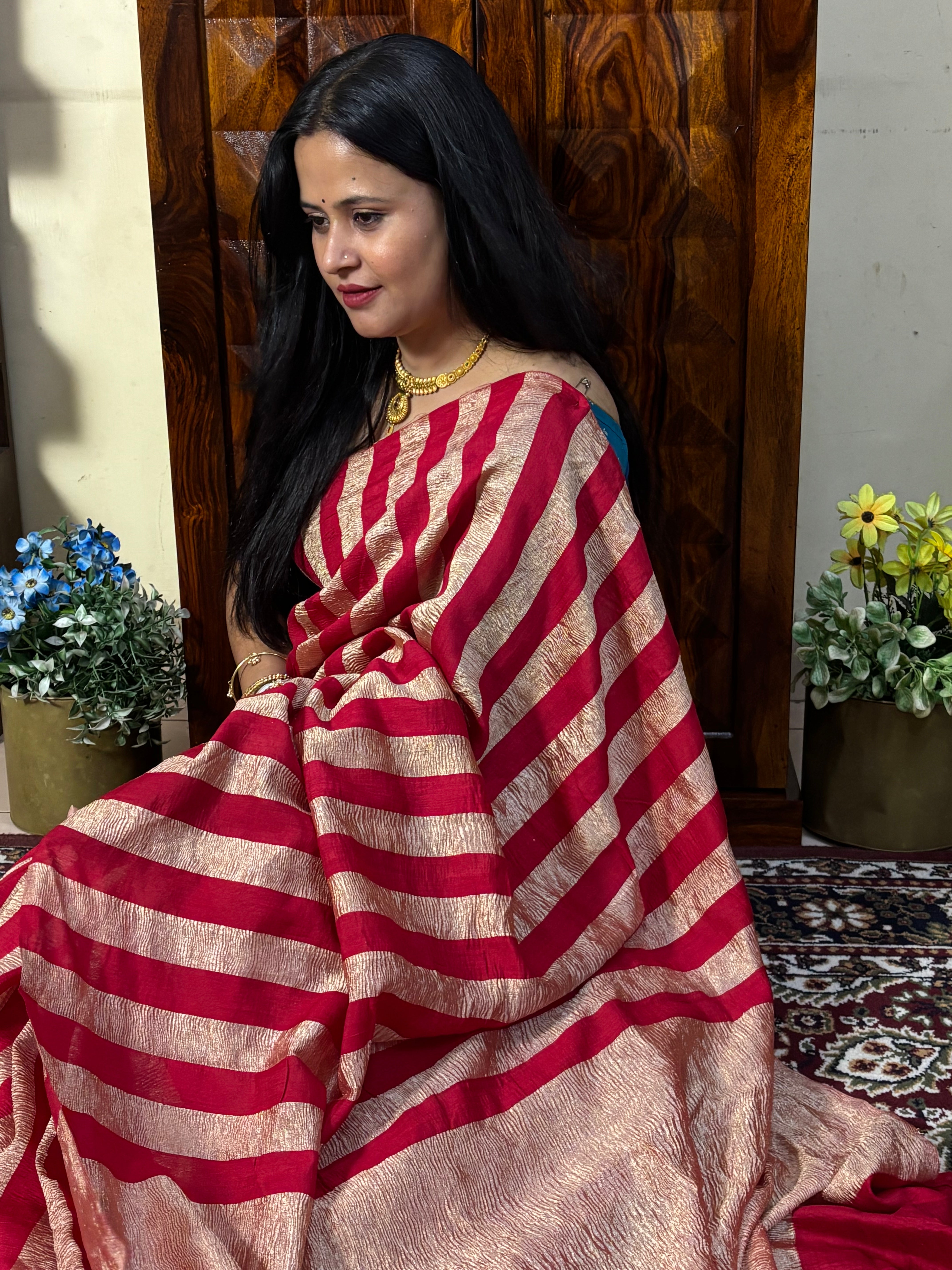 Handwoven Red Banarasi Moonga Tissue Silk Saree