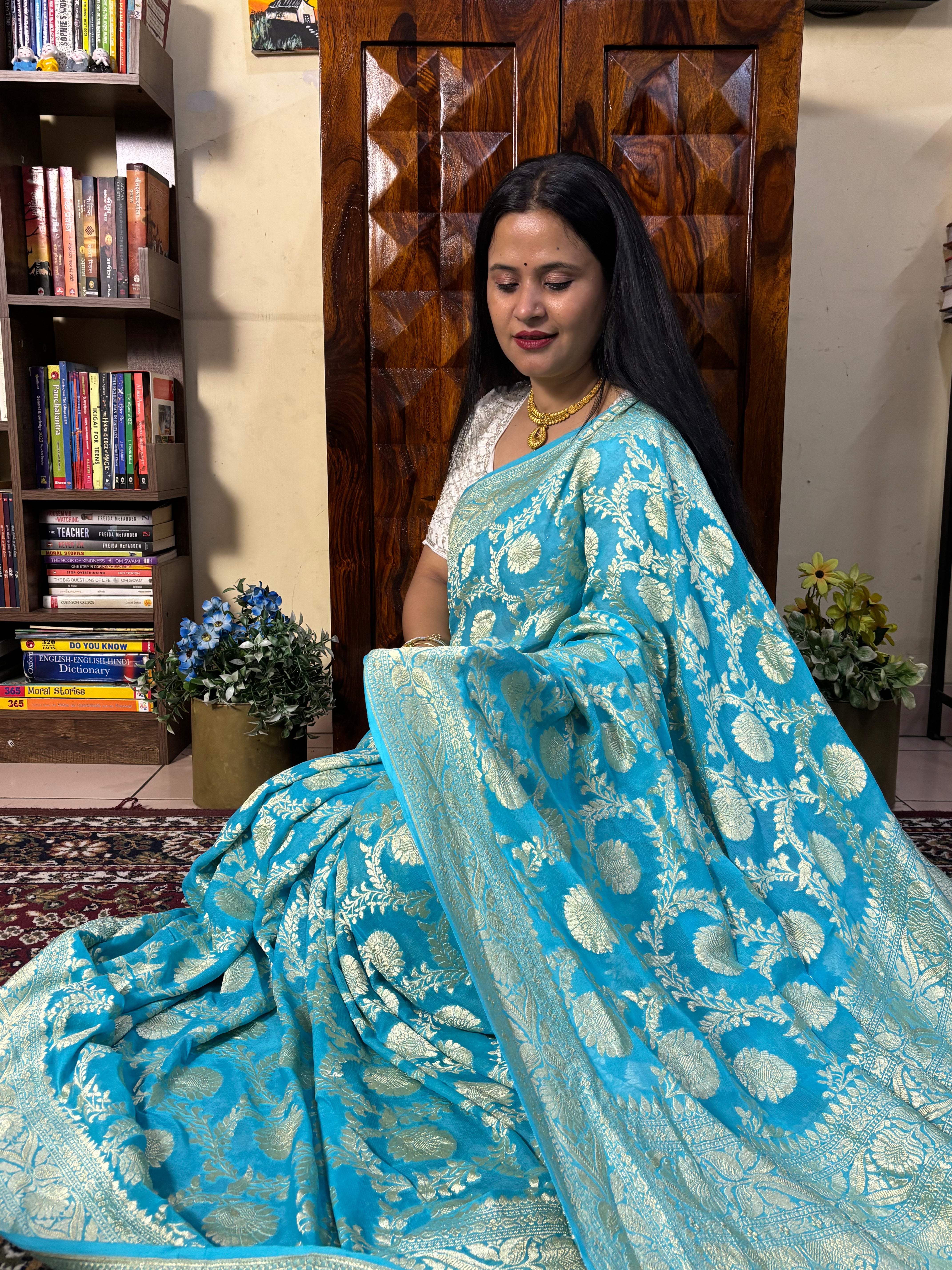 Handwoven Peacock Blue Banarasi Khaddi Georgette Saree