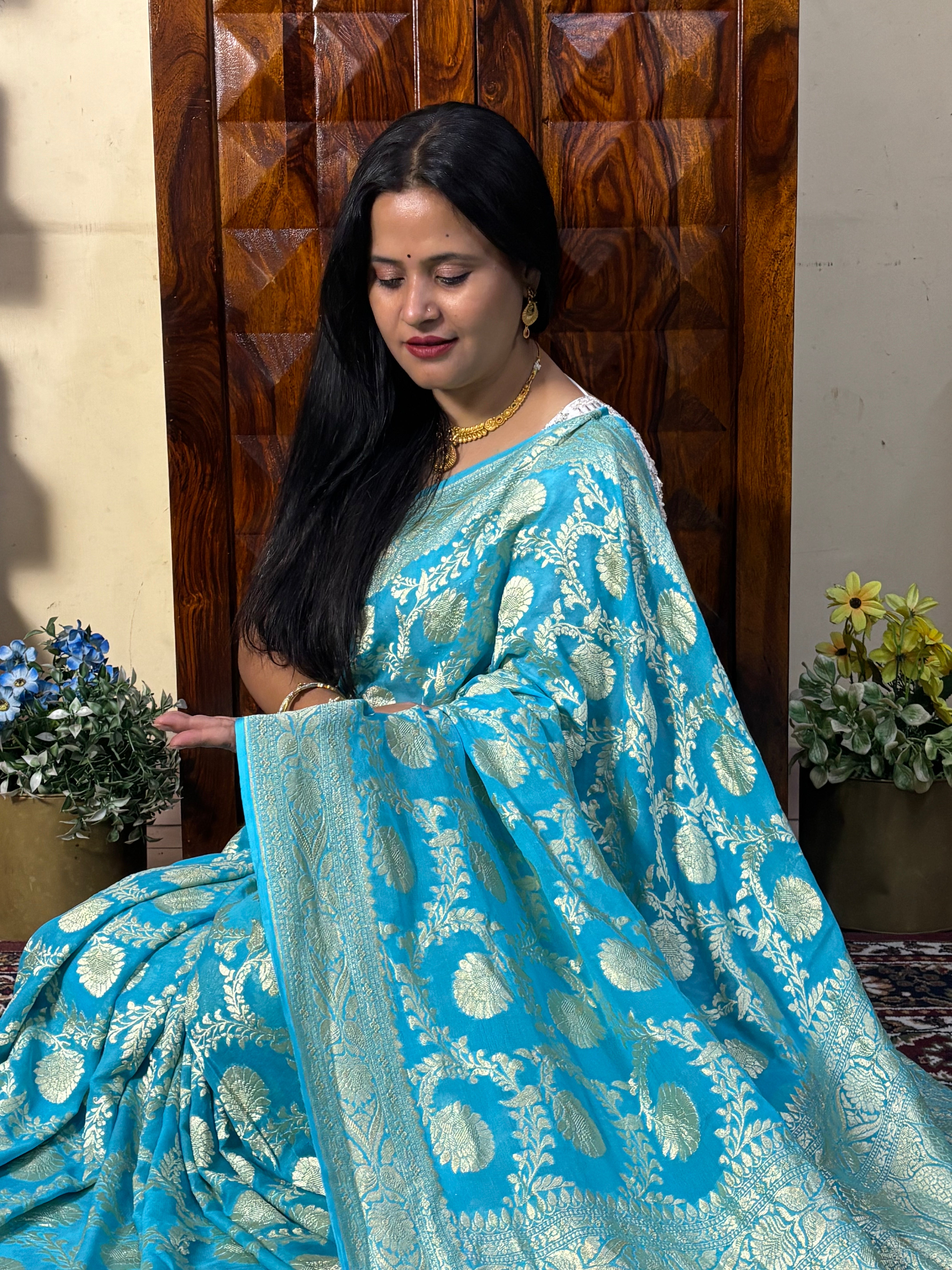 Handwoven Peacock Blue Banarasi Khaddi Georgette Saree