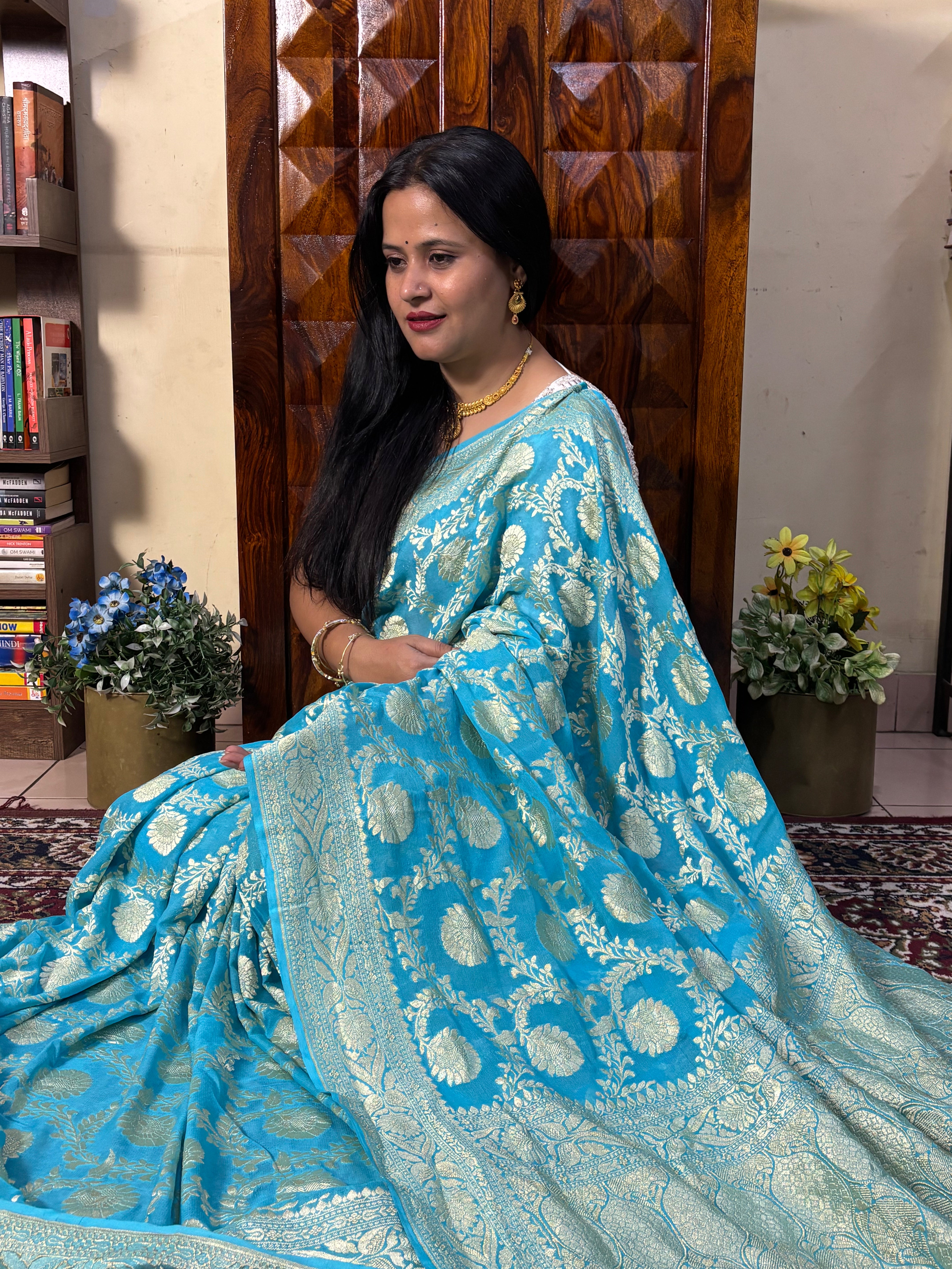 Handwoven Peacock Blue Banarasi Khaddi Georgette Saree