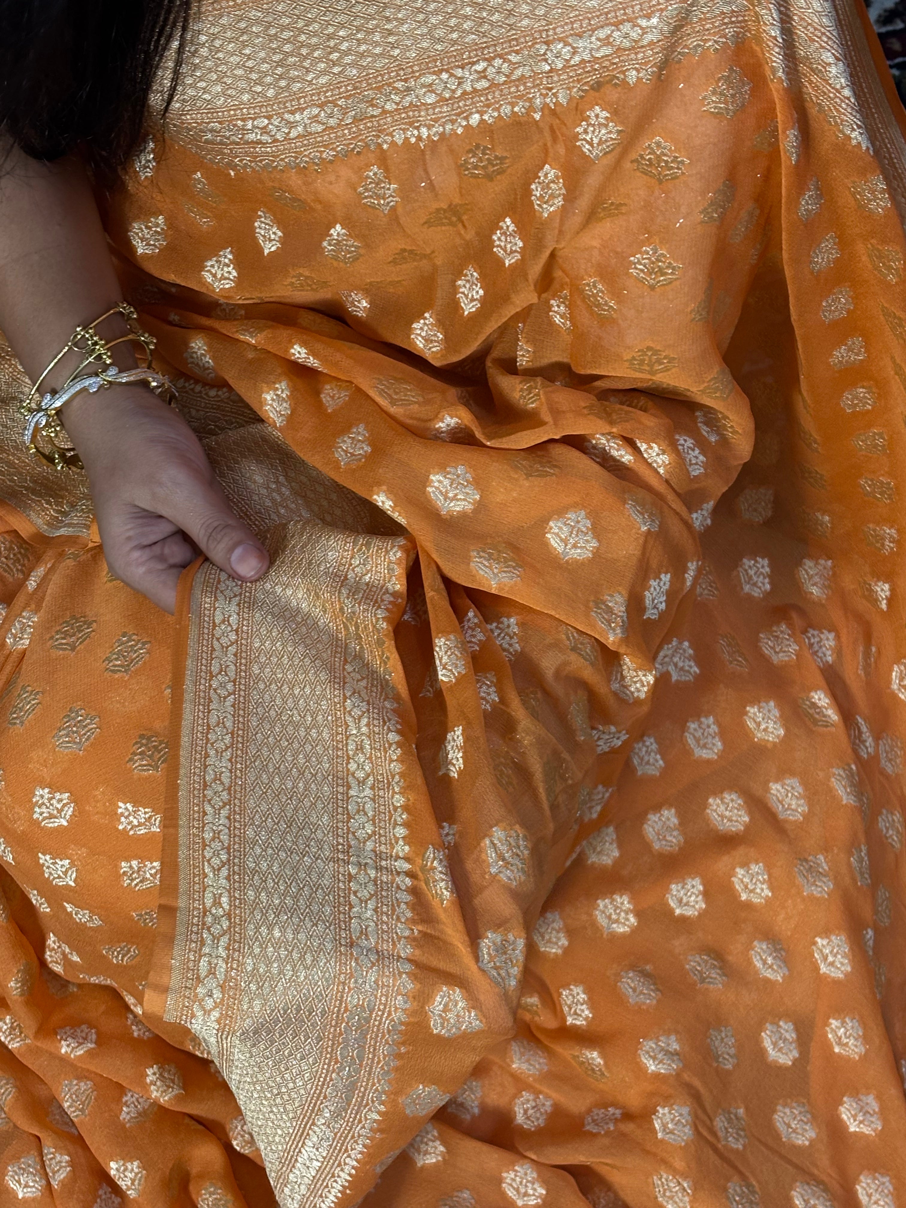 Handwoven Orange Banarasi Pure Khaddi Georgette Saree