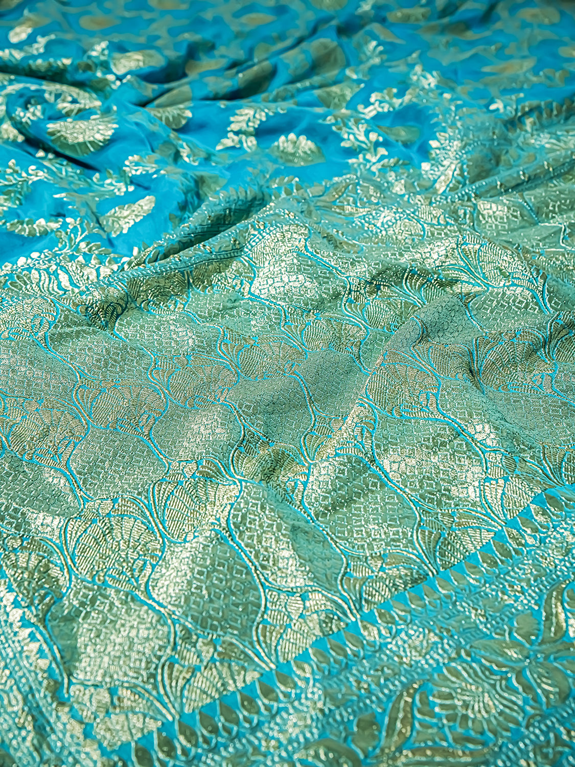 Handwoven Peacock Blue Banarasi Khaddi Georgette Saree