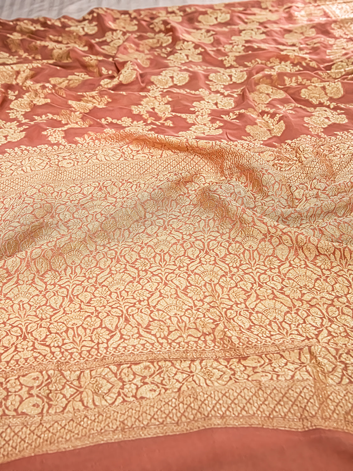 Handwoven Peach Banarasi Pure Khaddi Georgette Saree