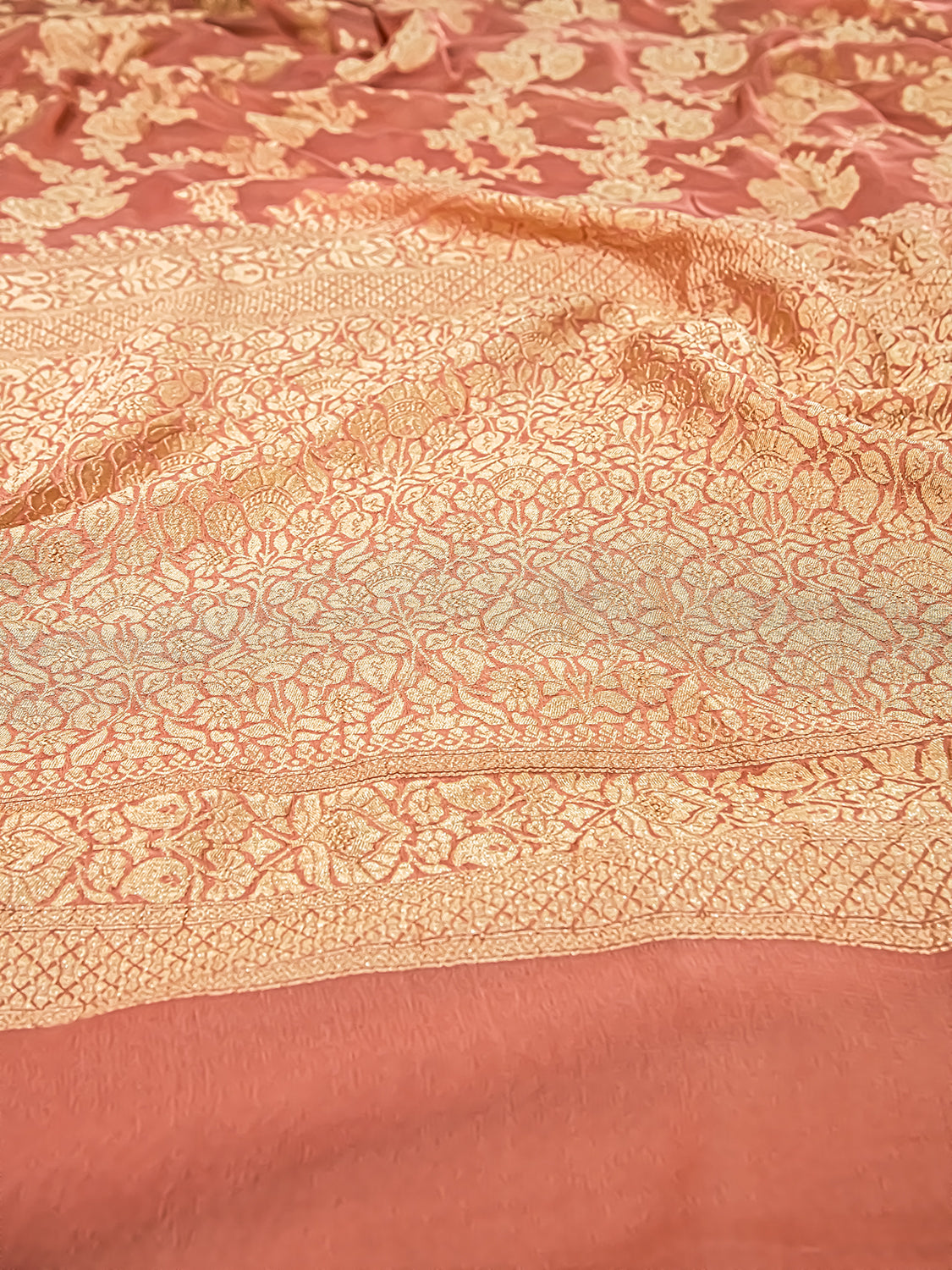 Handwoven Peach Banarasi Pure Khaddi Georgette Saree