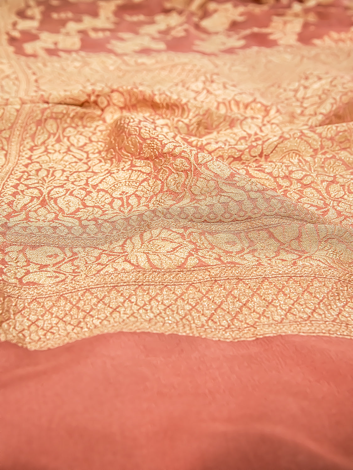 Handwoven Peach Banarasi Pure Khaddi Georgette Saree