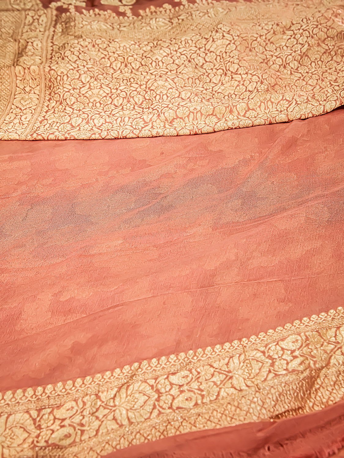 Handwoven Peach Banarasi Pure Khaddi Georgette Saree