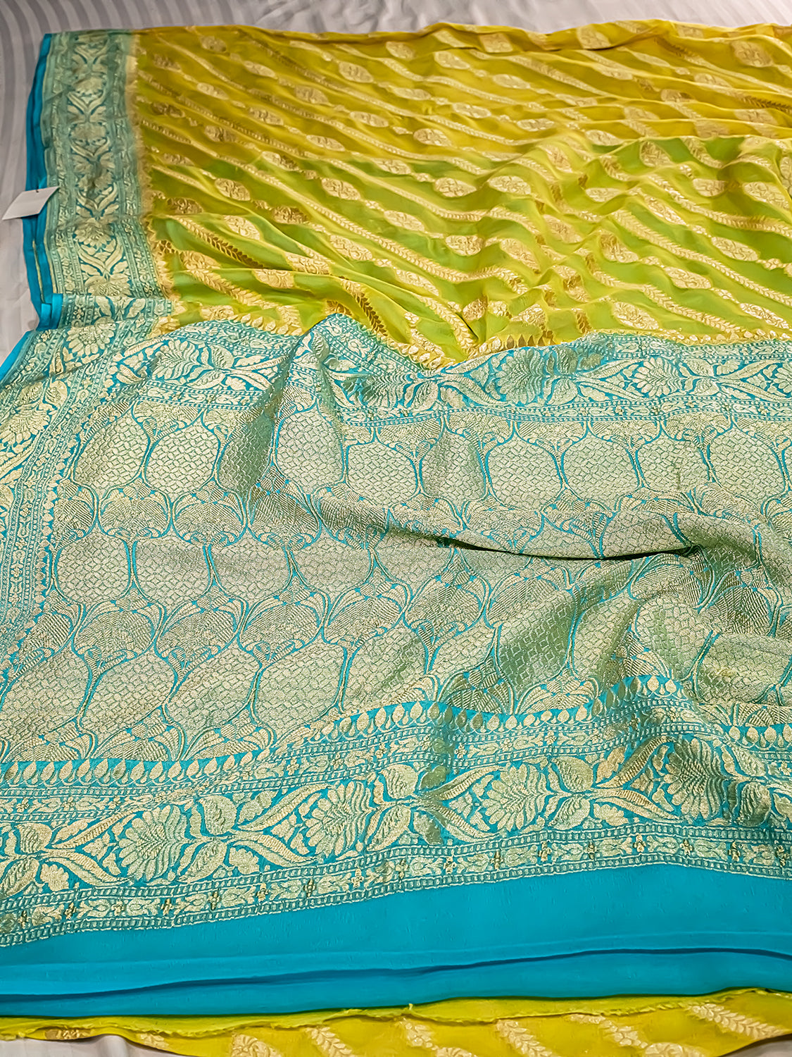 Handwoven Lime yellow Banarasi Pure Khaddi Georgette Saree