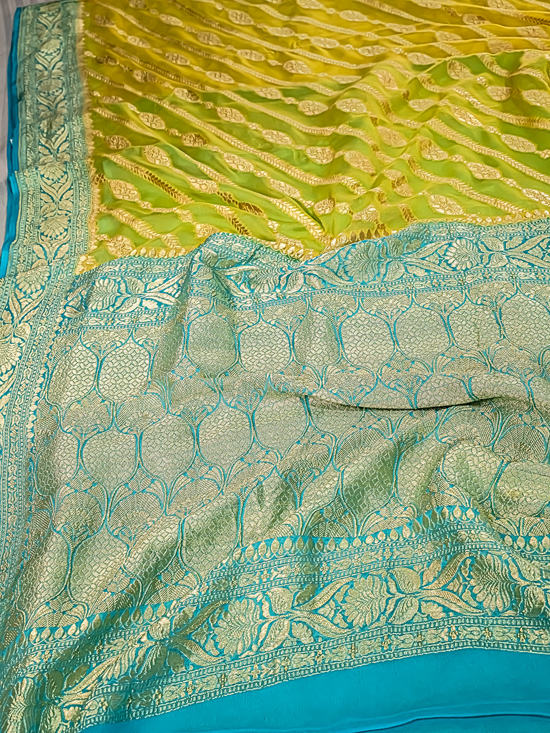 Handwoven Lime yellow Banarasi Pure Khaddi Georgette Saree
