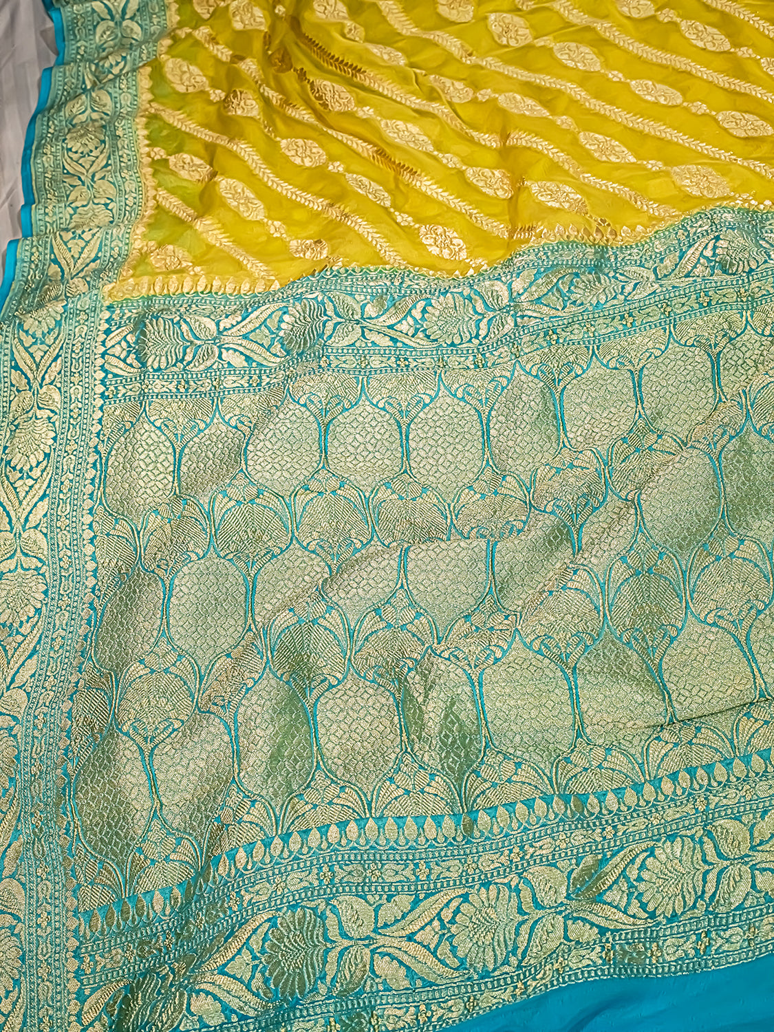 Handwoven Lime yellow Banarasi Pure Khaddi Georgette Saree