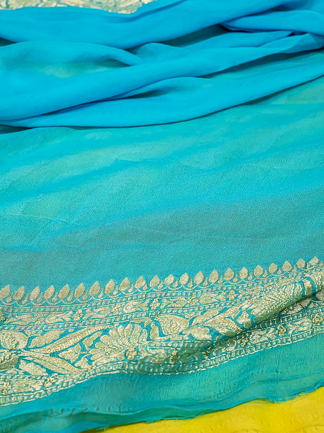 Handwoven Lime yellow Banarasi Pure Khaddi Georgette Saree