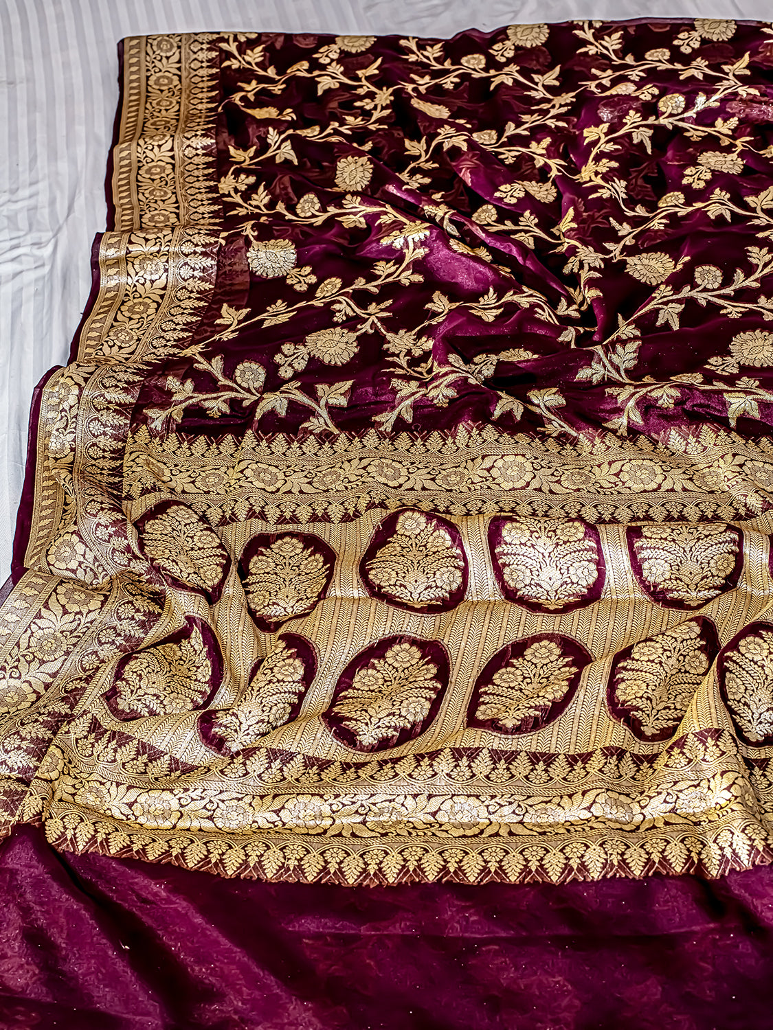 Handwoven Wine Banarasi Pure Chiffon Saree