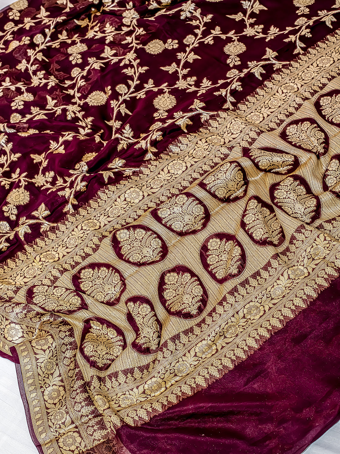 Handwoven Wine Banarasi Pure Chiffon Saree