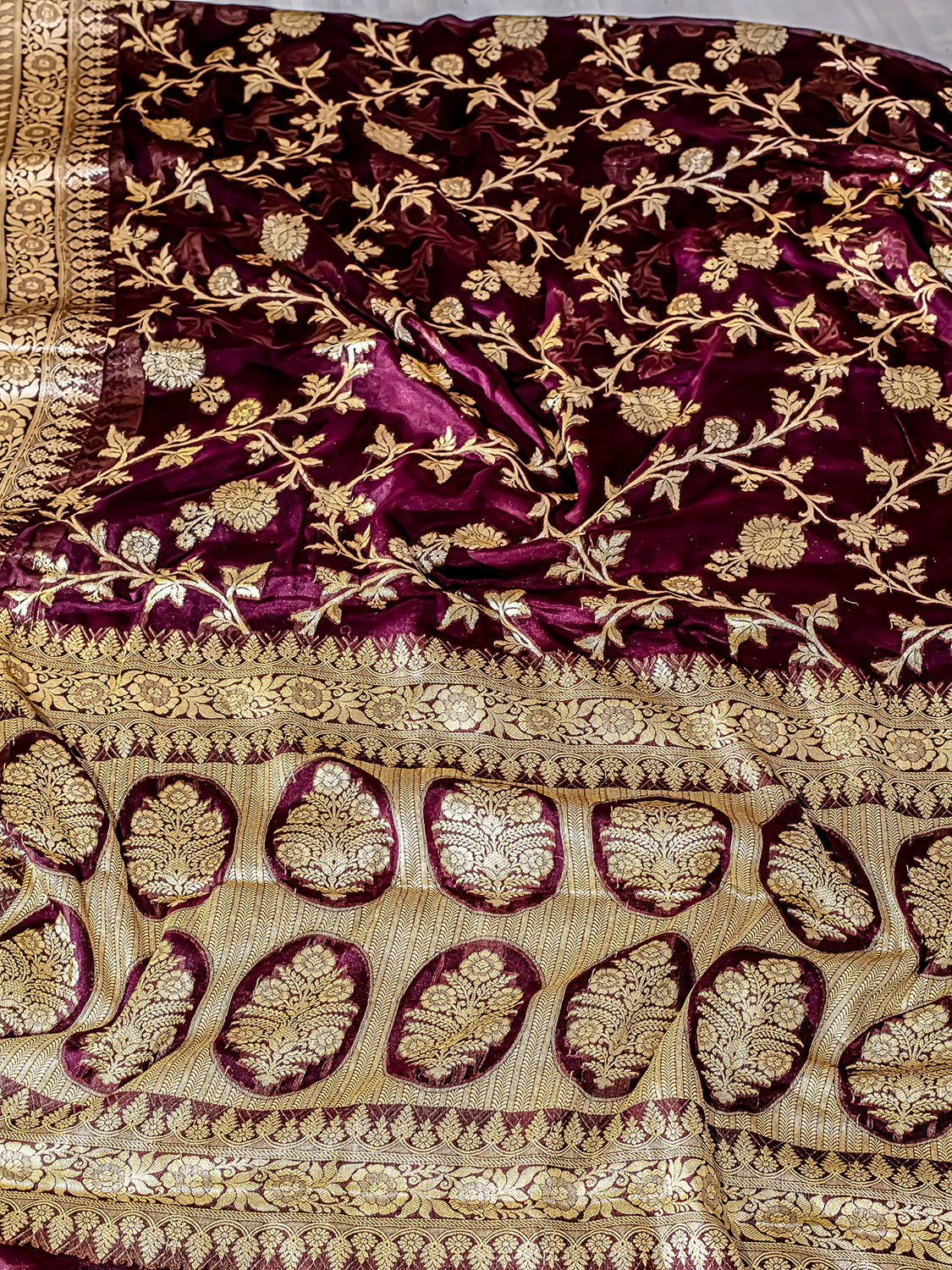 Handwoven Wine Banarasi Pure Chiffon Saree