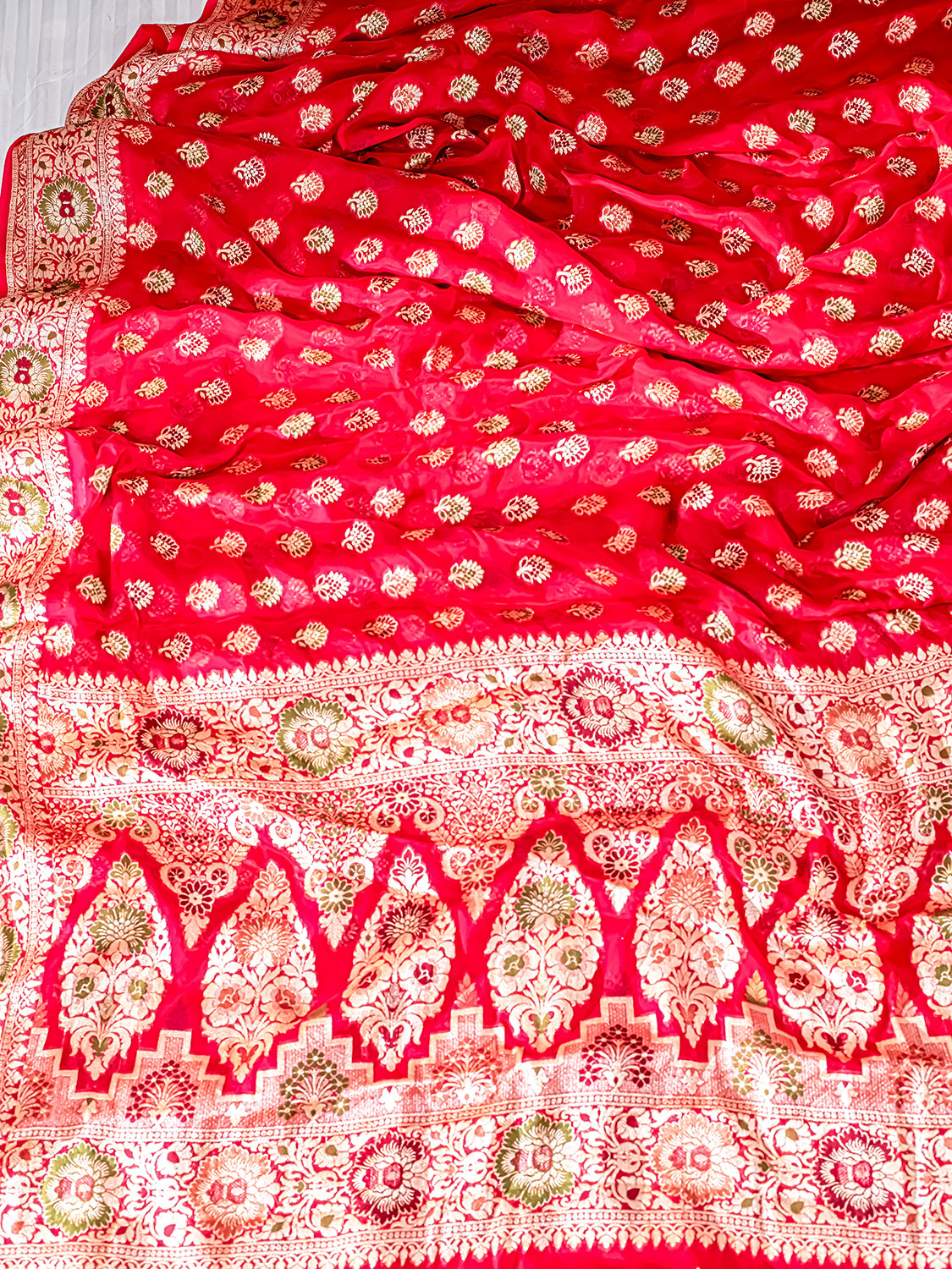 Handwoven Red Meenakari Banarasi Pure Chiffon Saree