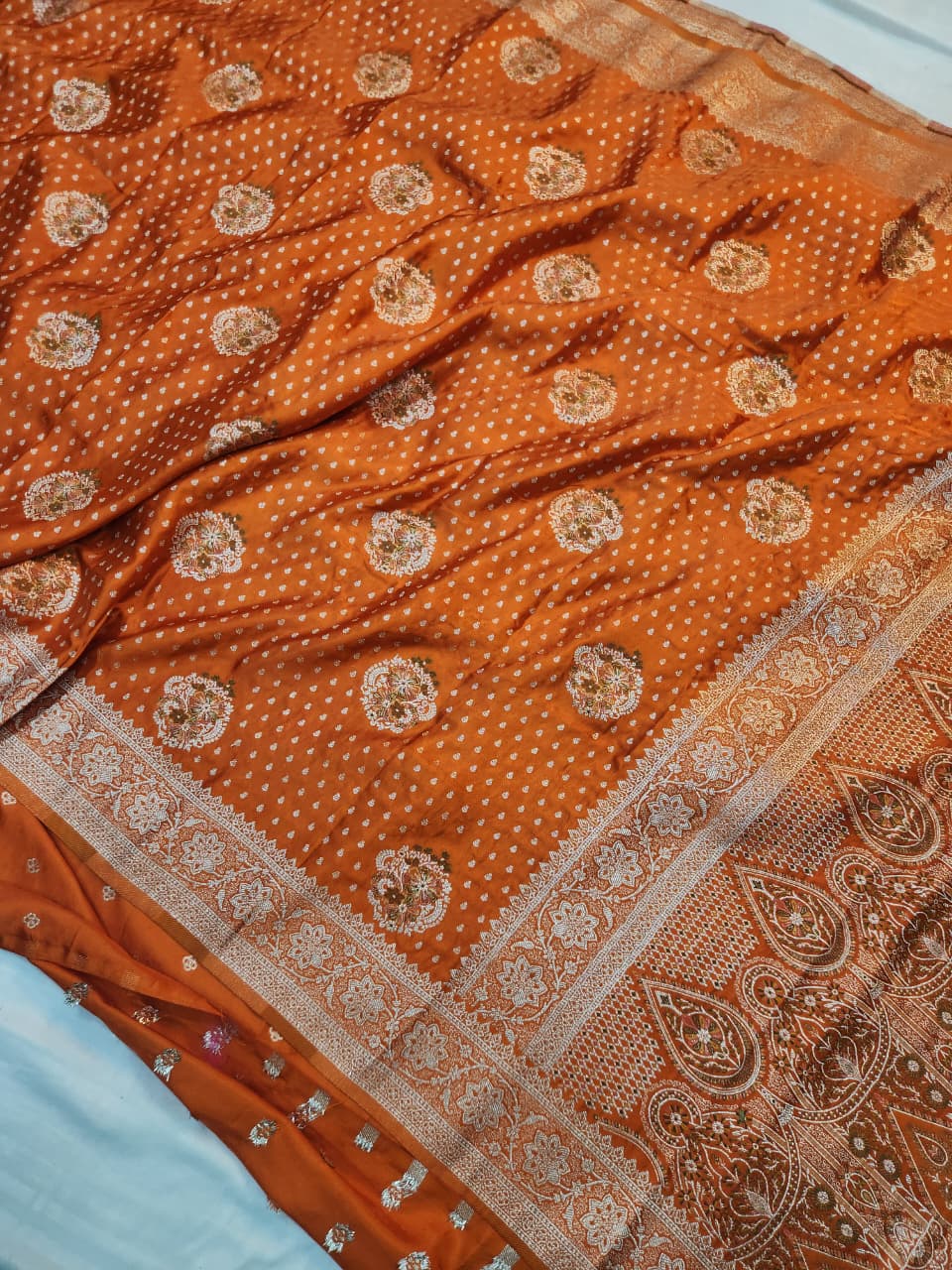 Handwoven Orange Banarasi Mashru Katan Silk Saree