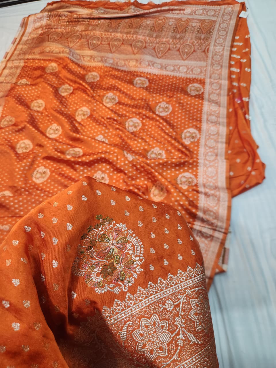 Handwoven Orange Banarasi Mashru Katan Silk Saree