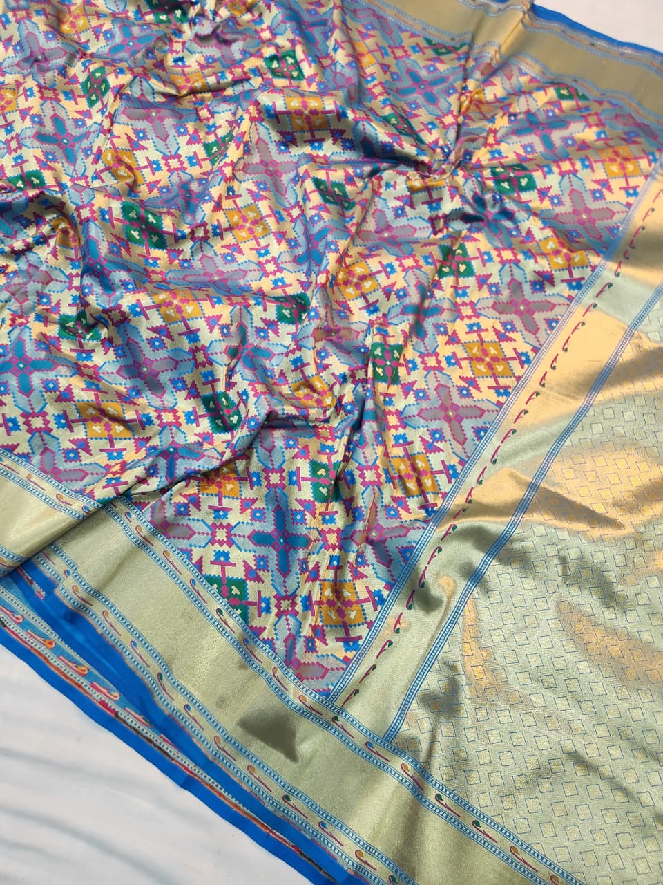Handwoven Ocean Blue Banarasi Patola Silk Saree