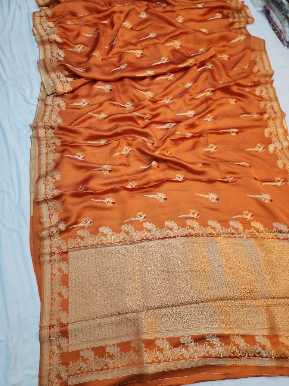 Handwoven Orange Meenakari Motif Banarasi Mashru Silk Saree