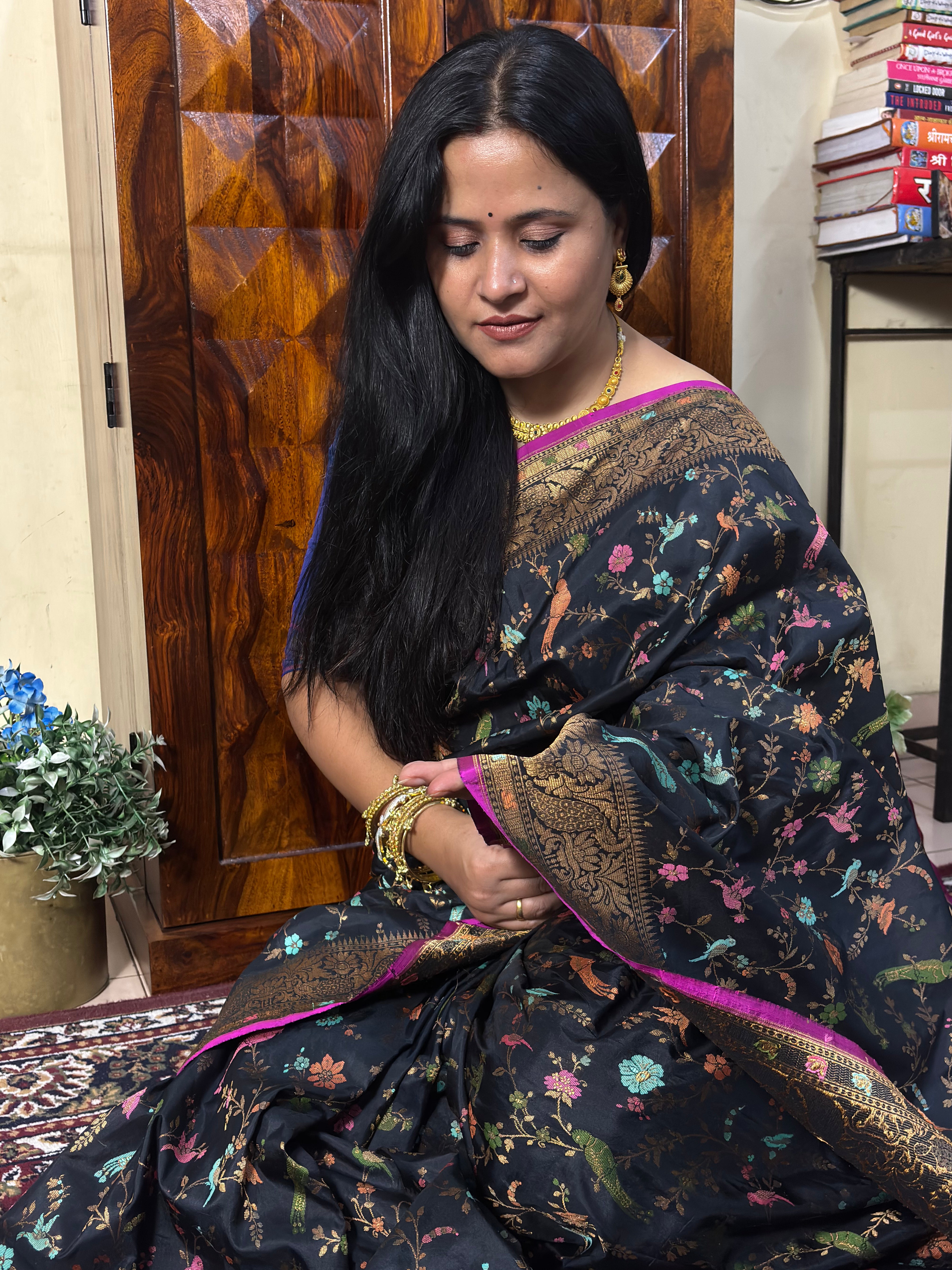 Handwoven Black Meenakari Motif Banarasi Katan Silk Saree