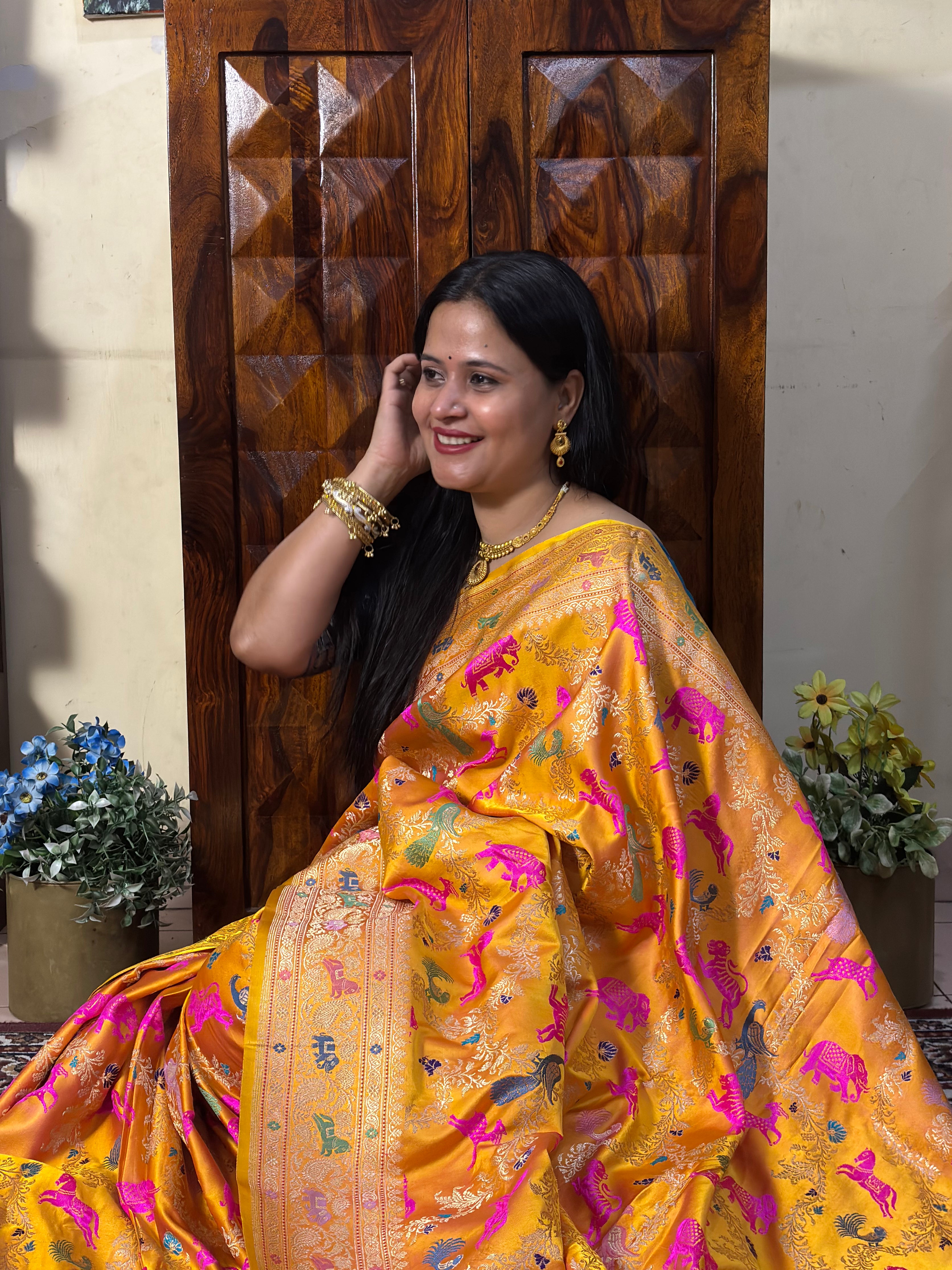 Handwoven Orange Meenakari Banarasi Mashru Katan Silk Saree