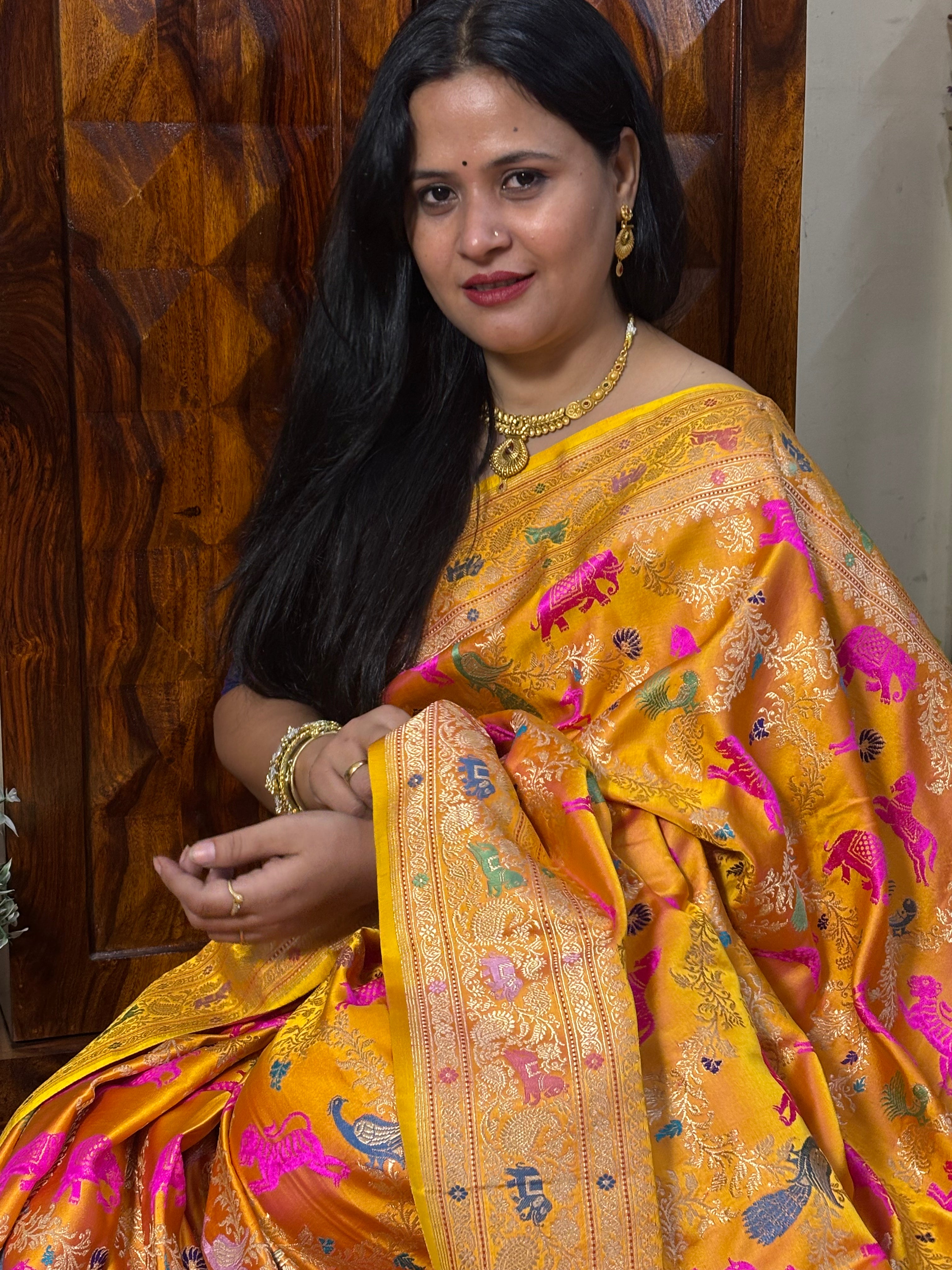 Handwoven Orange Meenakari Banarasi Mashru Katan Silk Saree