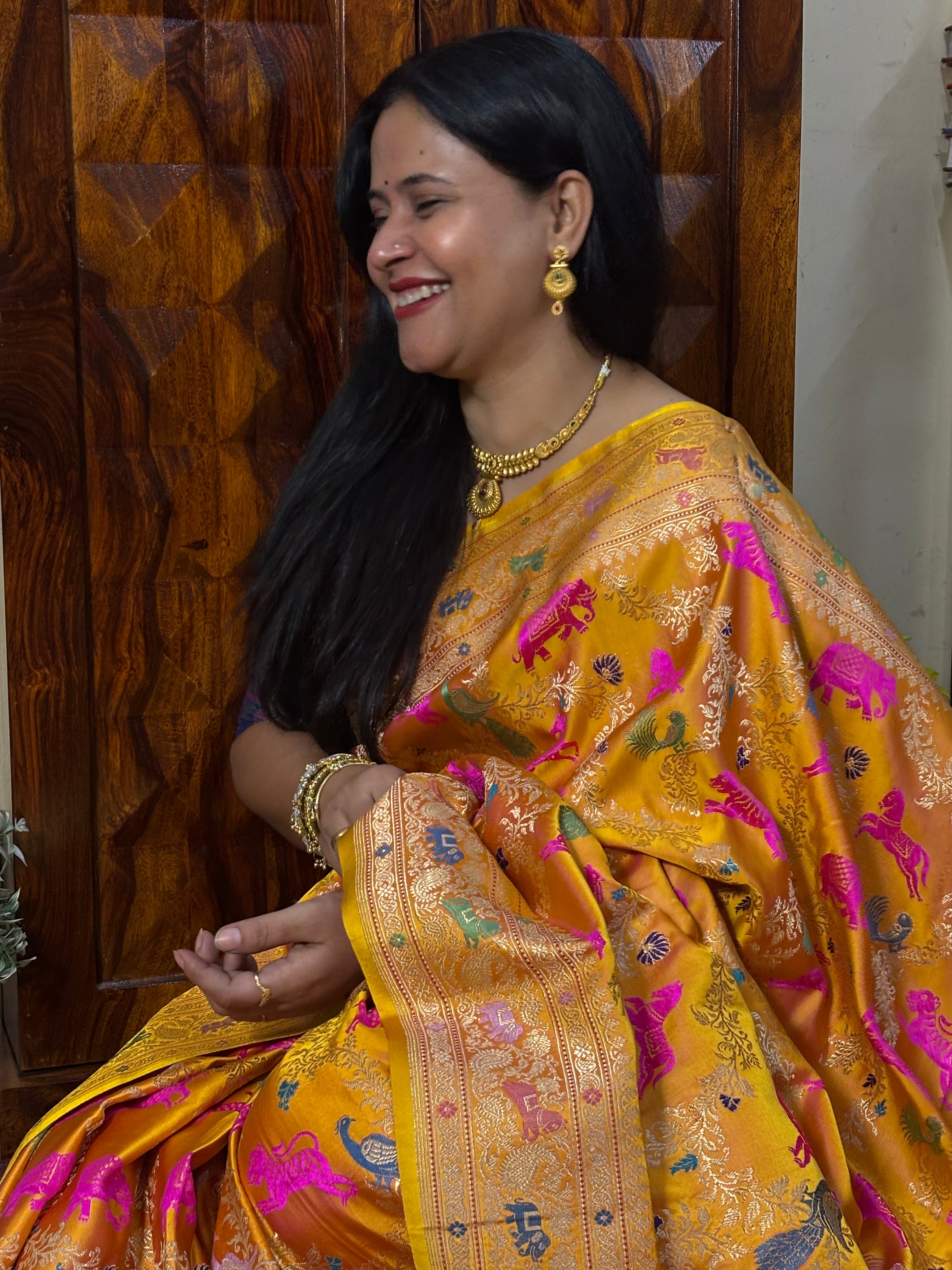 Handwoven Orange Meenakari Banarasi Mashru Katan Silk Saree