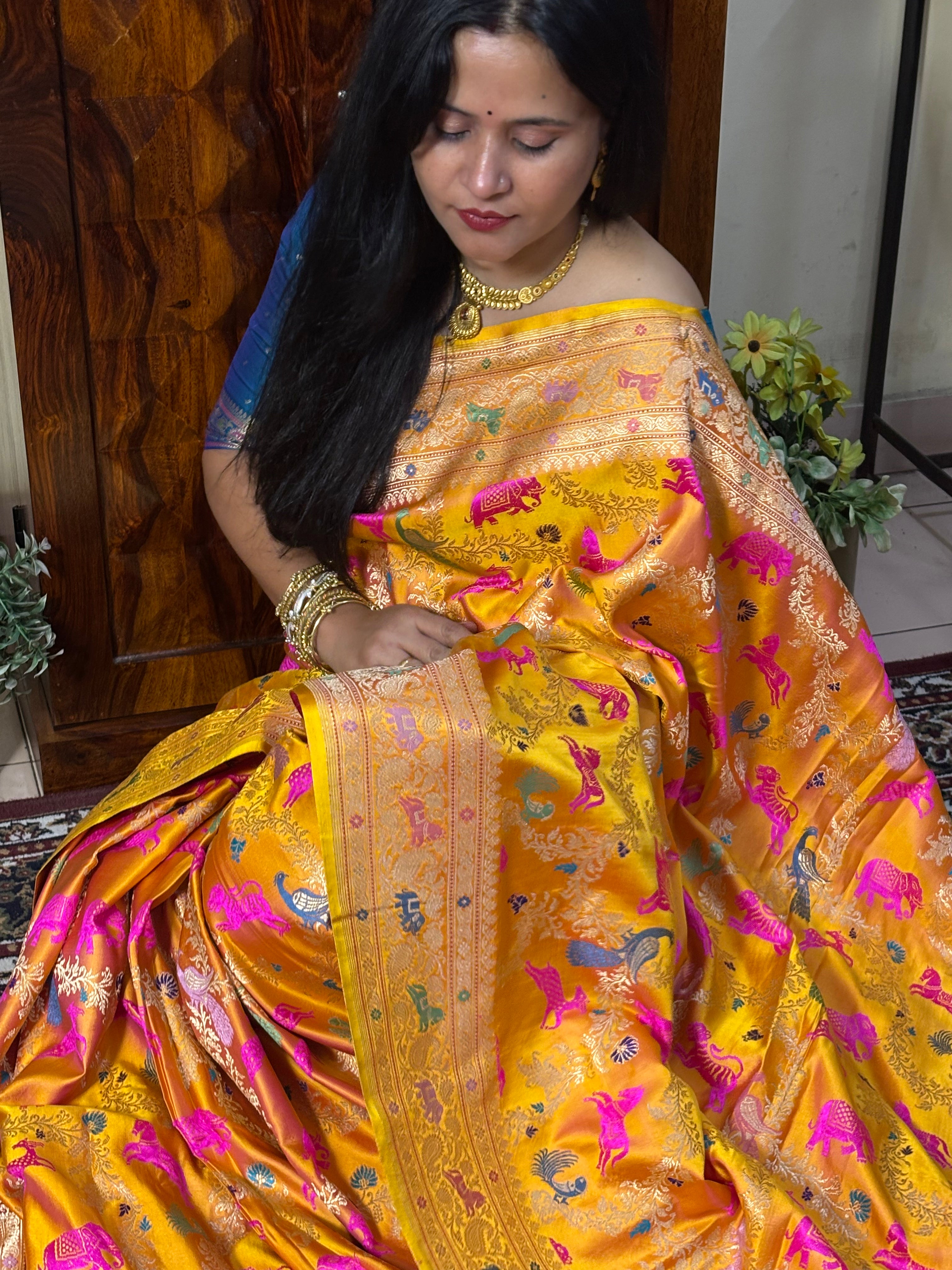 Handwoven Orange Meenakari Banarasi Mashru Katan Silk Saree