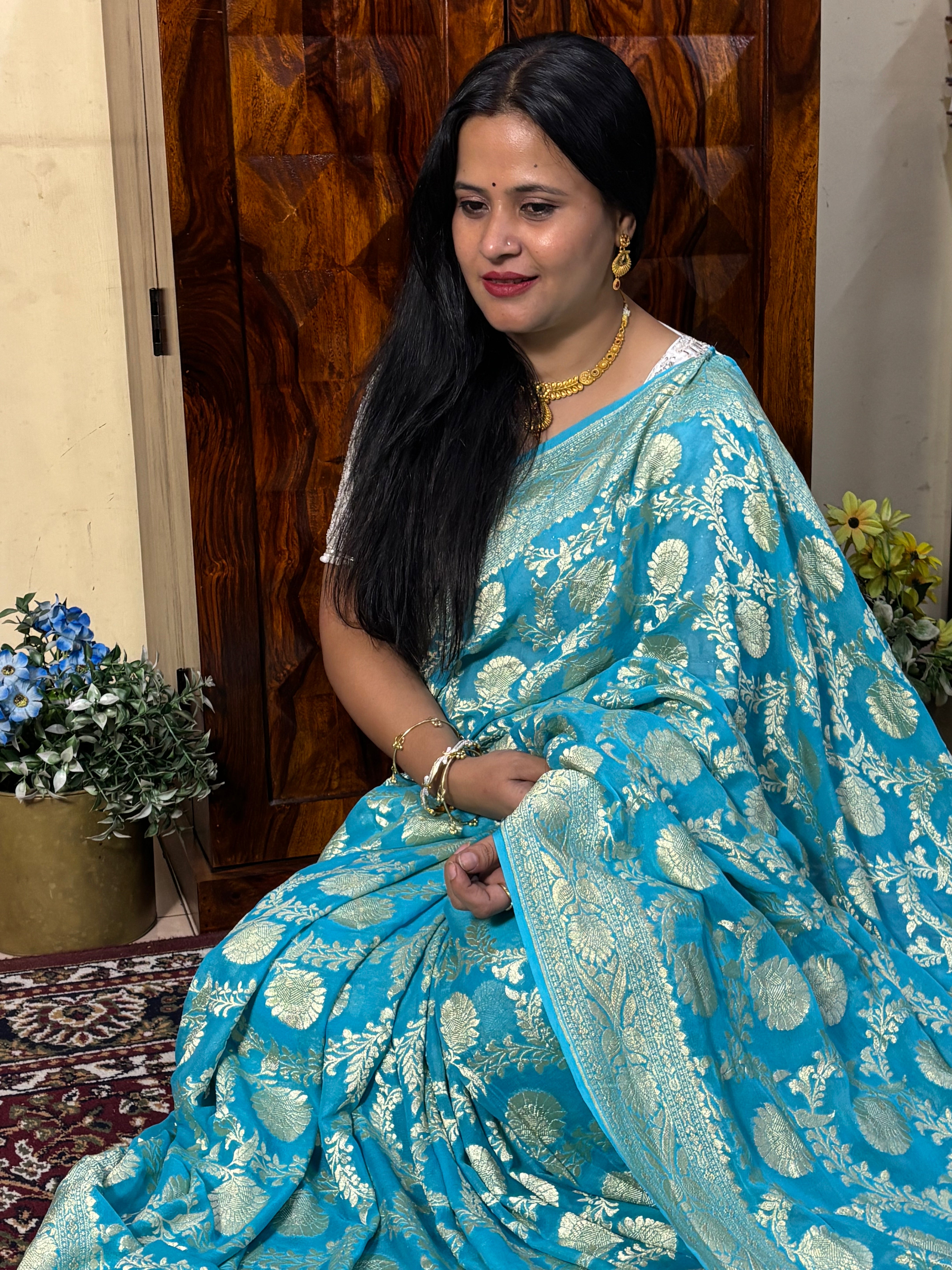 Handwoven Peacock Blue Banarasi Khaddi Georgette Saree
