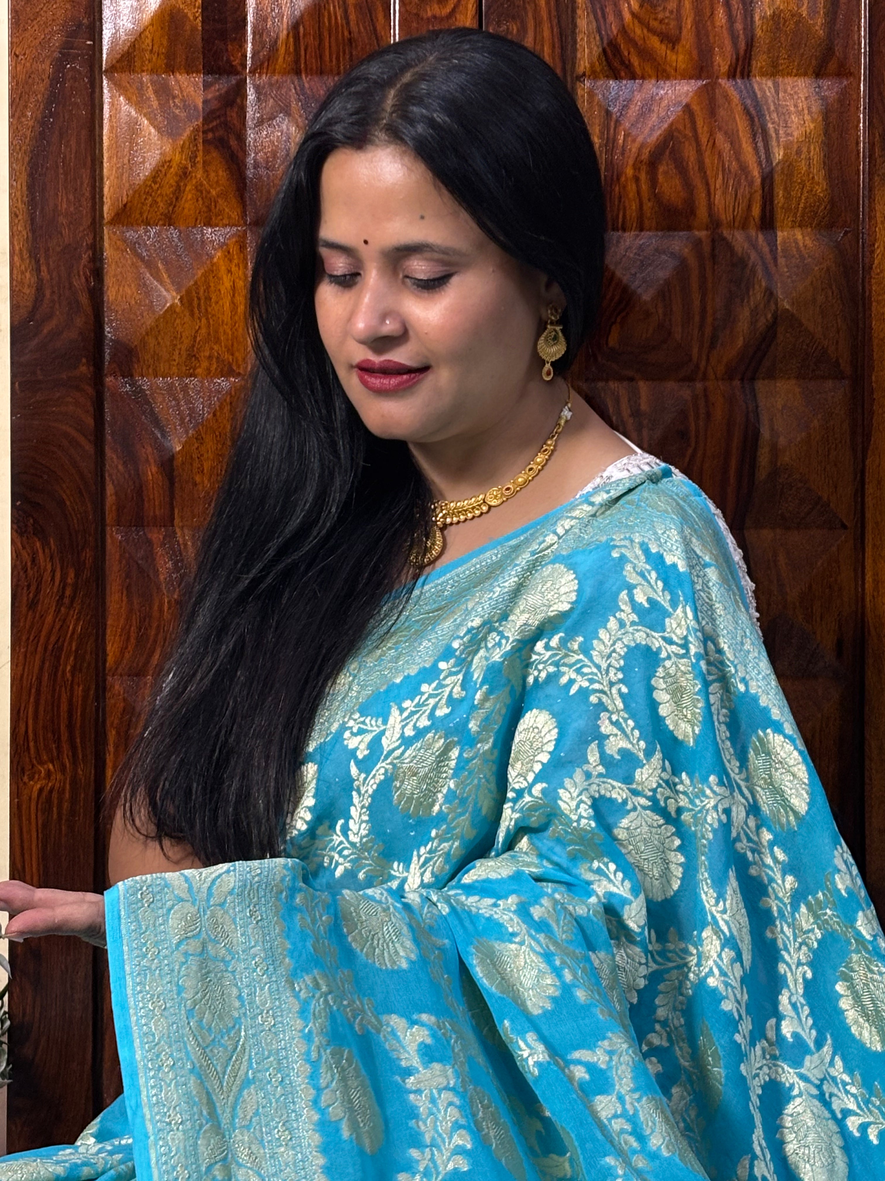Handwoven Peacock Blue Banarasi Khaddi Georgette Saree