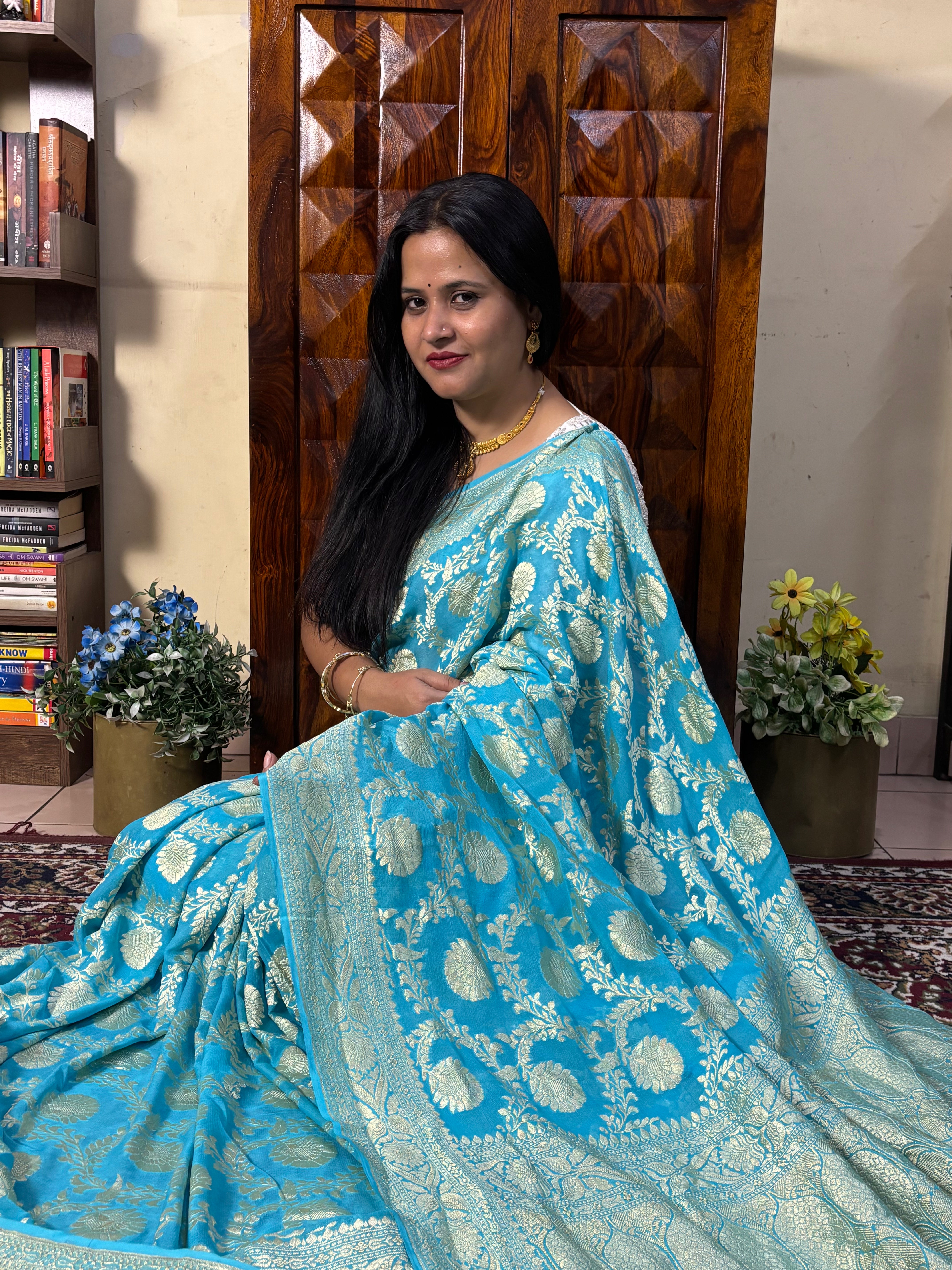 Handwoven Peacock Blue Banarasi Khaddi Georgette Saree
