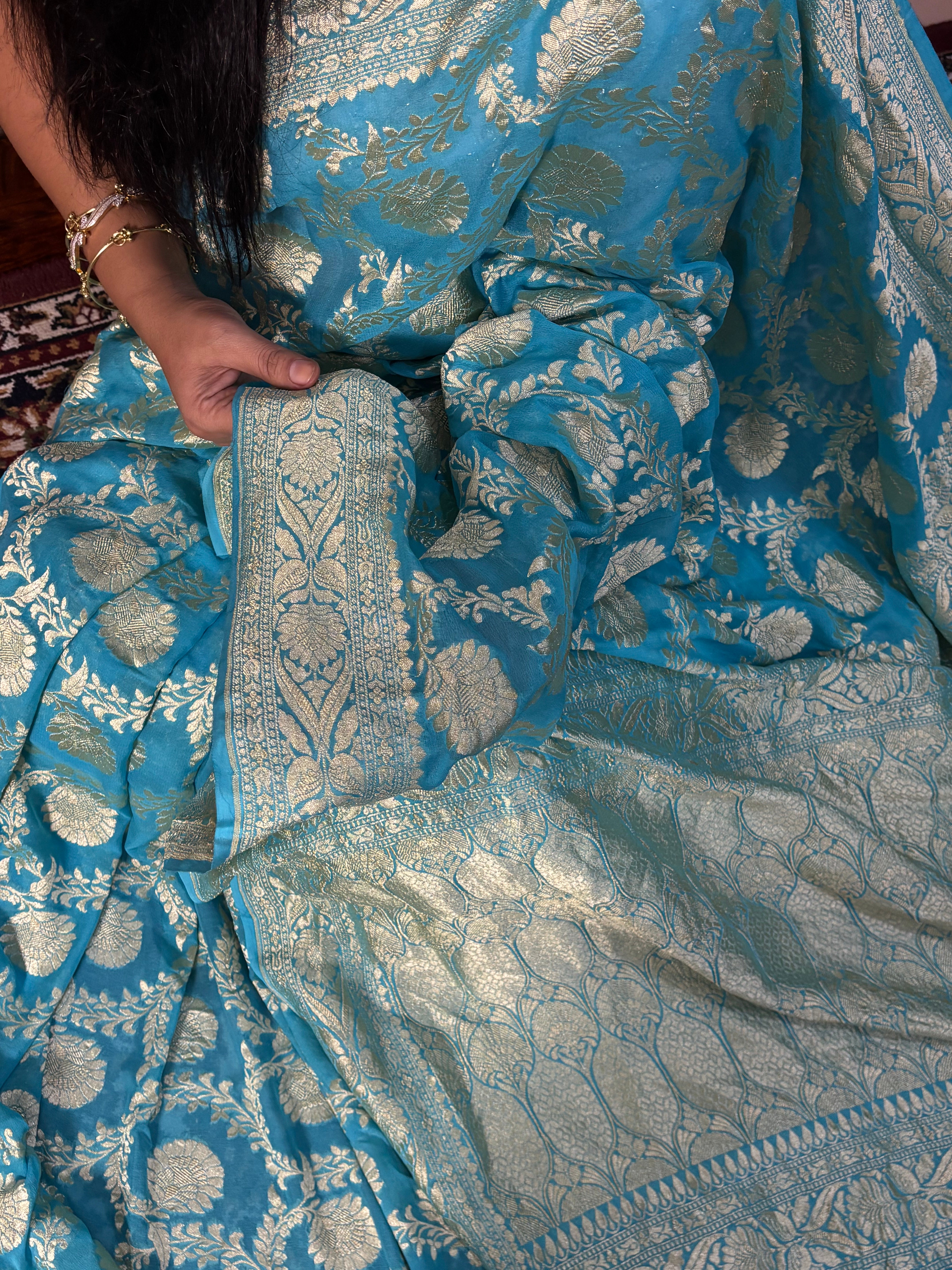 Handwoven Peacock Blue Banarasi Khaddi Georgette Saree