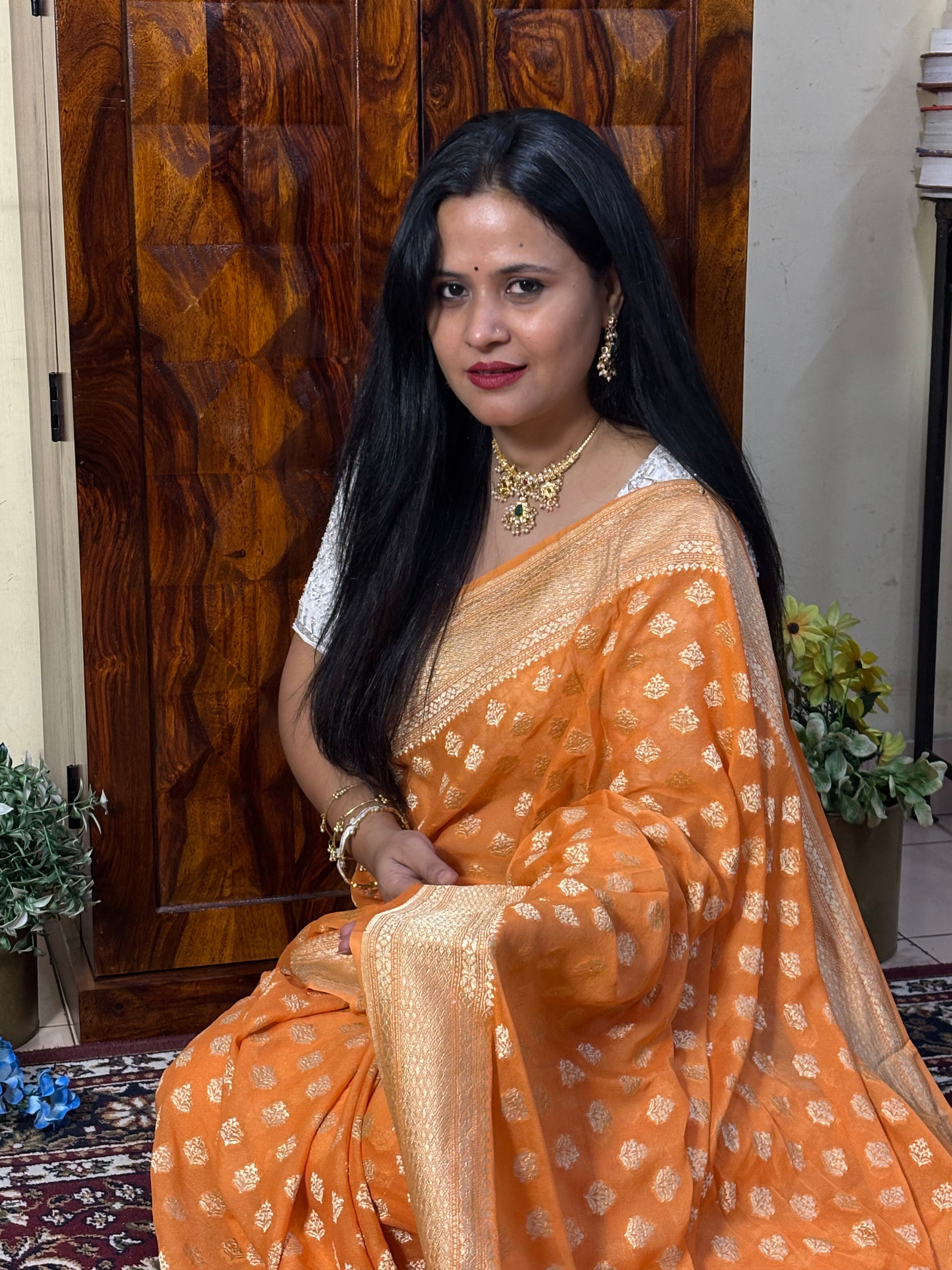 Handwoven Orange Banarasi Pure Khaddi Georgette Saree