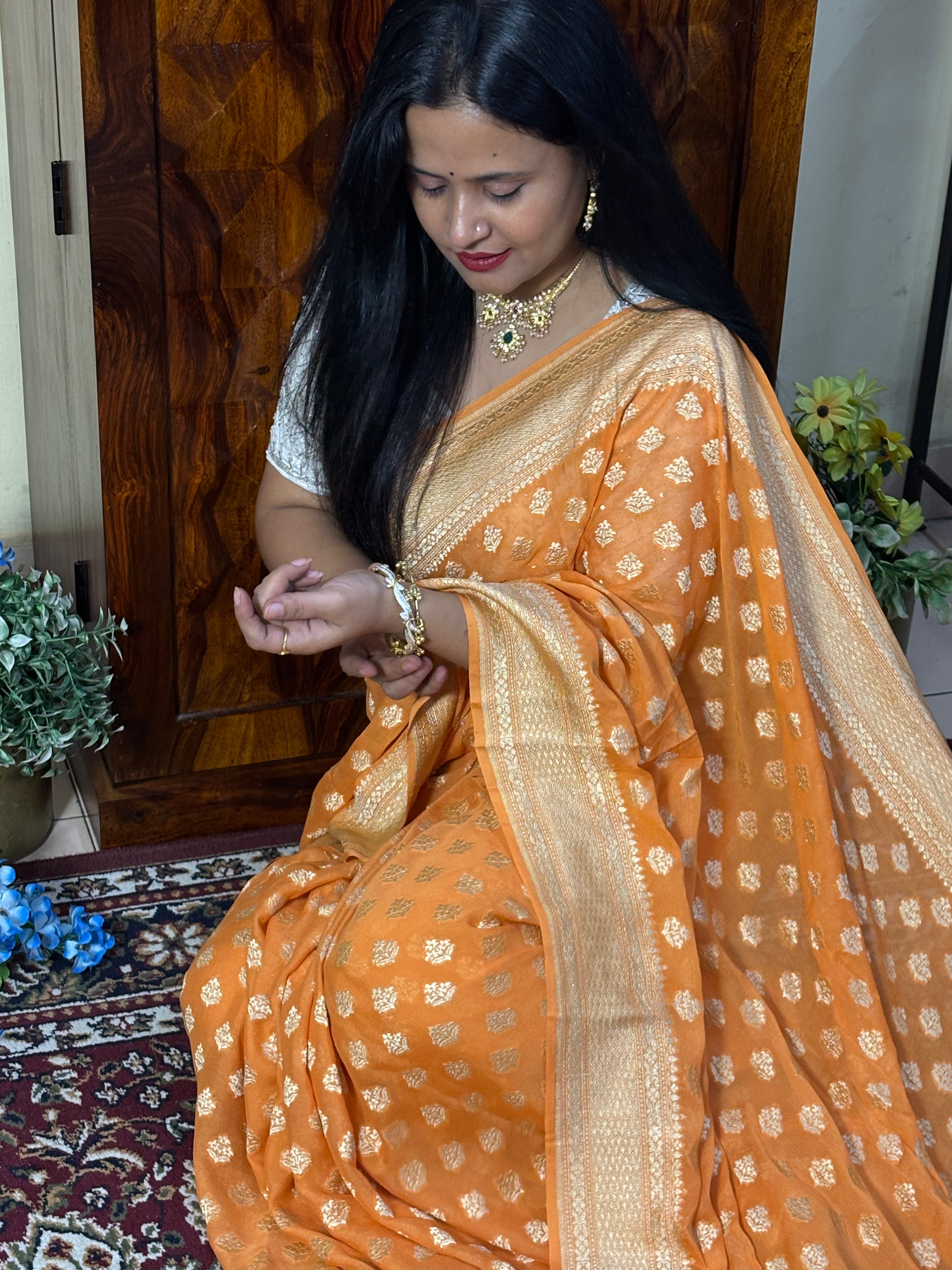 Handwoven Orange Banarasi Pure Khaddi Georgette Saree