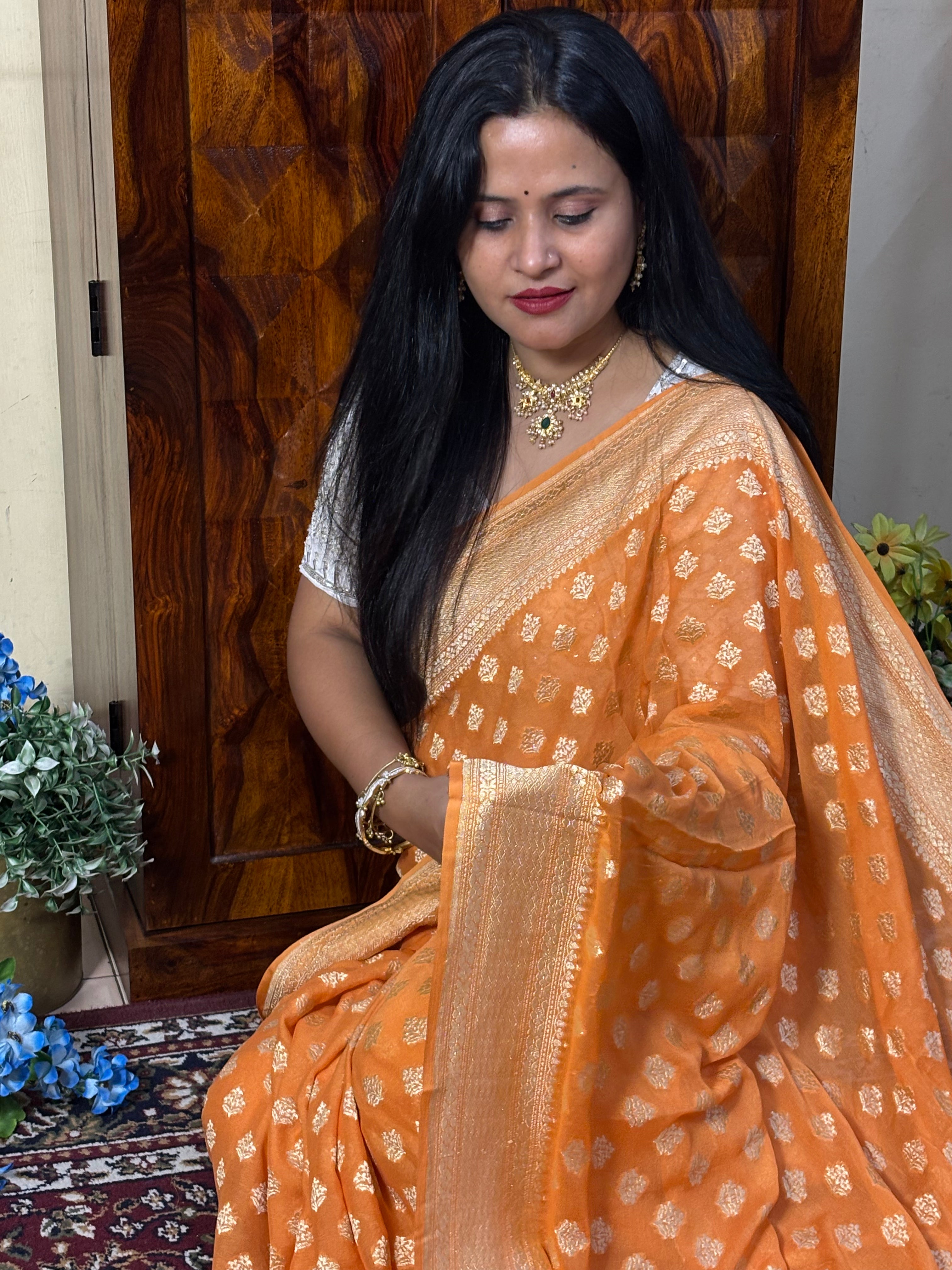 Handwoven Orange Banarasi Pure Khaddi Georgette Saree
