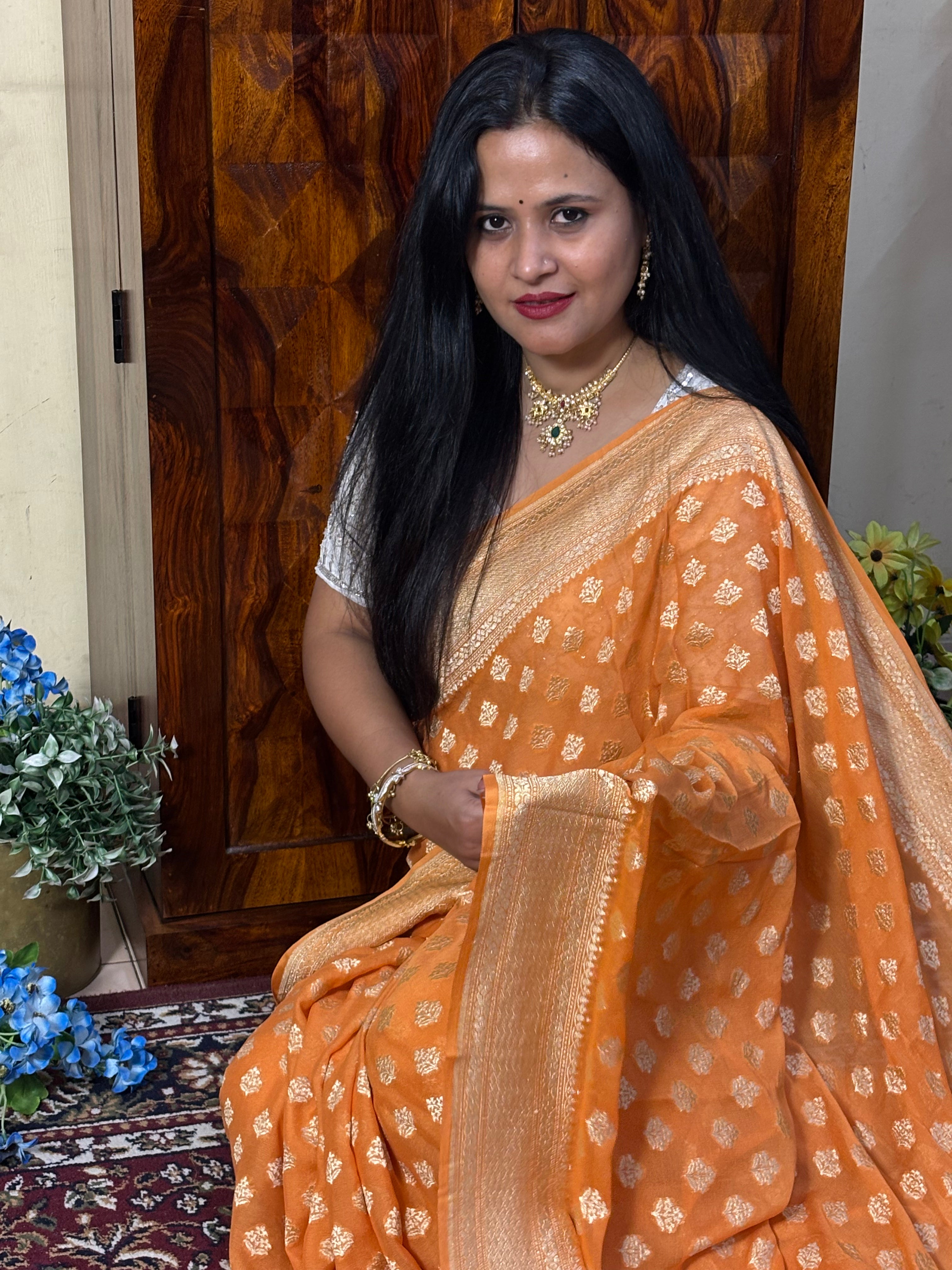 Handwoven Orange Banarasi Pure Khaddi Georgette Saree